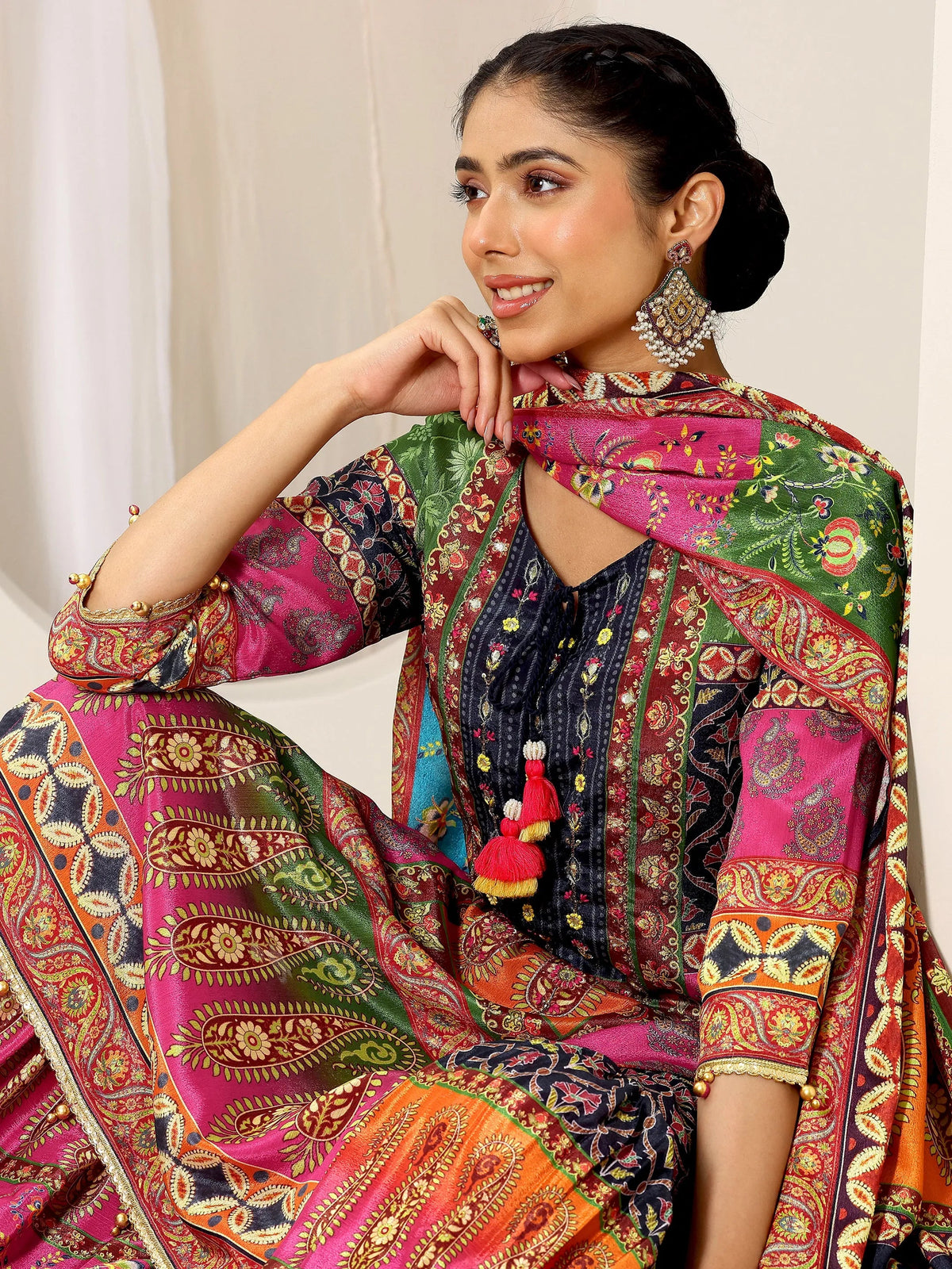 Anouk Multi Printed Chinon Straight Sharara Suit Set With Dupatta