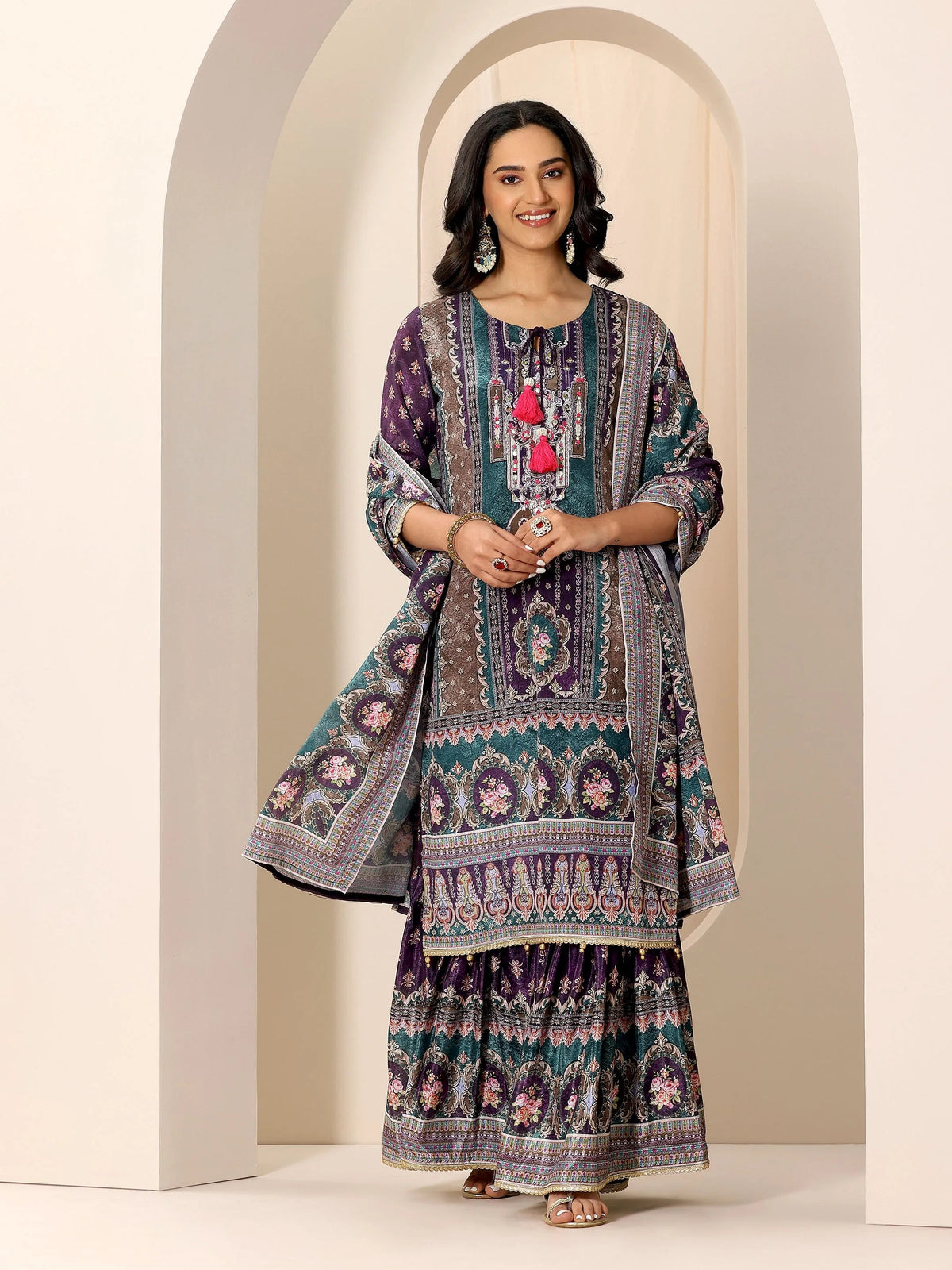 Anouk Multi Printed Chinon Straight Sharara Suit Set With Dupatta