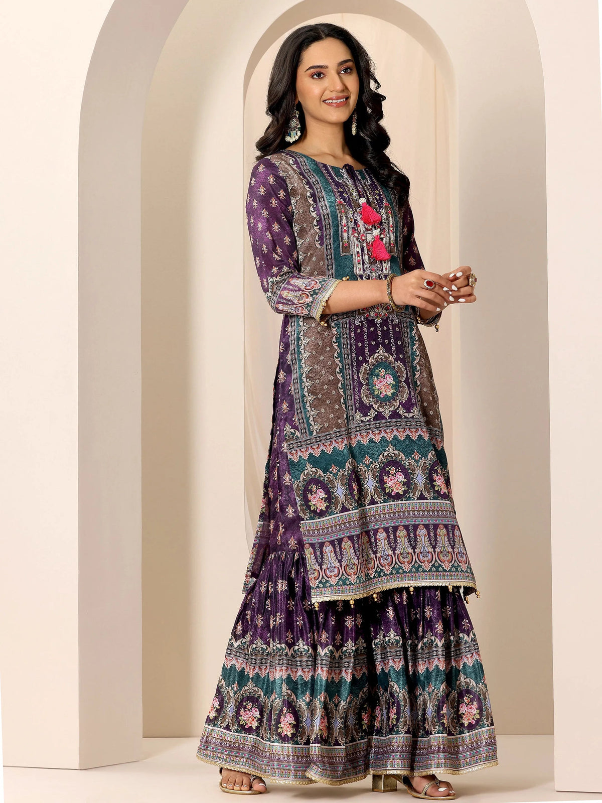 Anouk Multi Printed Chinon Straight Sharara Suit Set With Dupatta