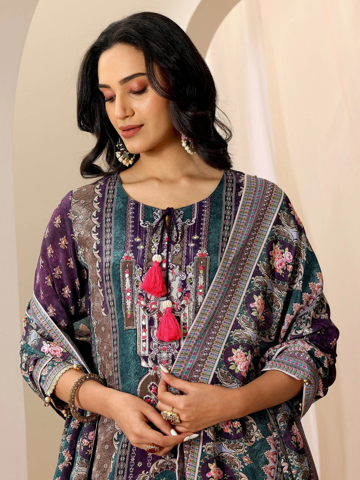 Anouk Multi Printed Chinon Straight Sharara Suit Set With Dupatta