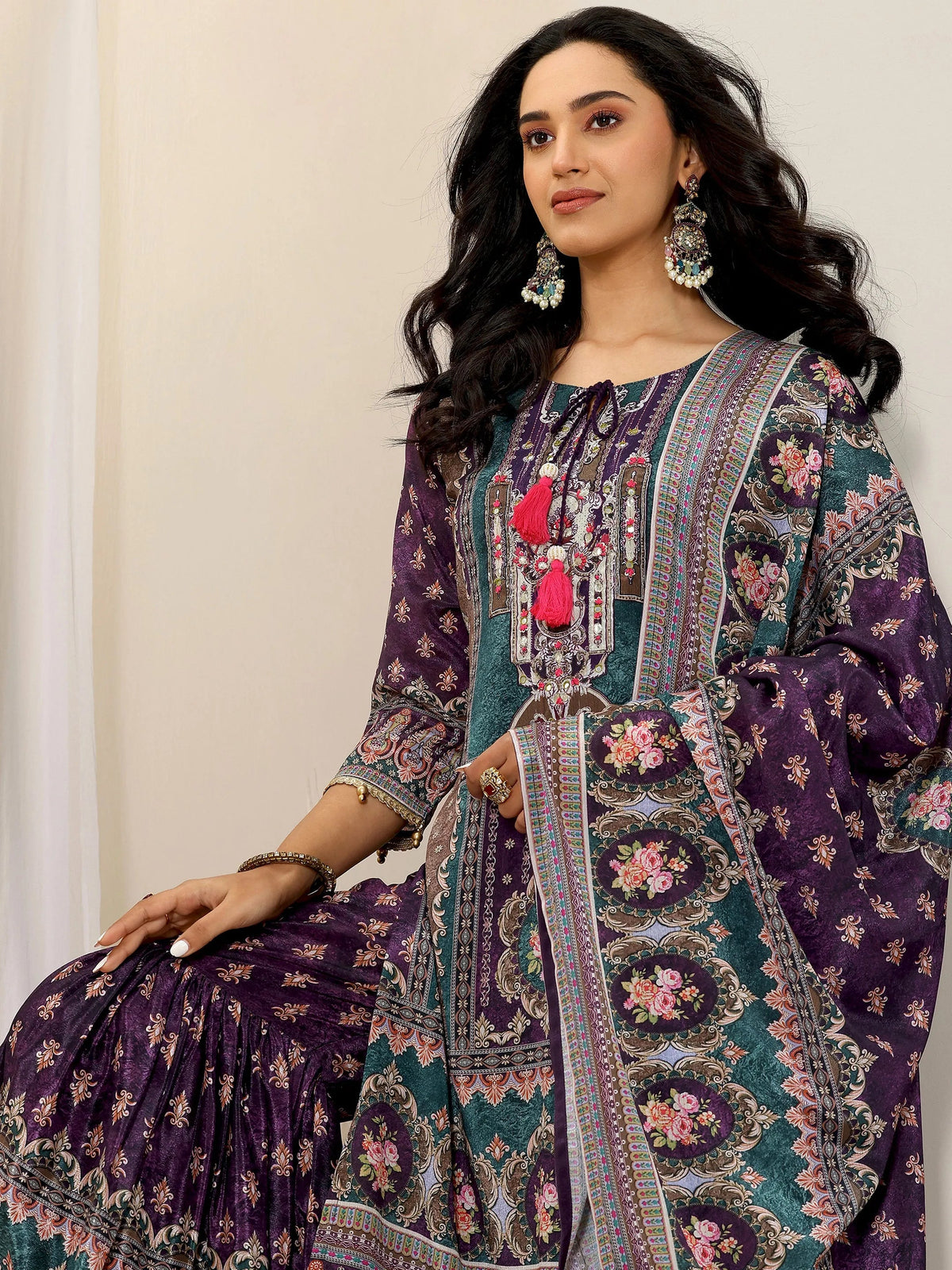 Anouk Multi Printed Chinon Straight Sharara Suit Set With Dupatta
