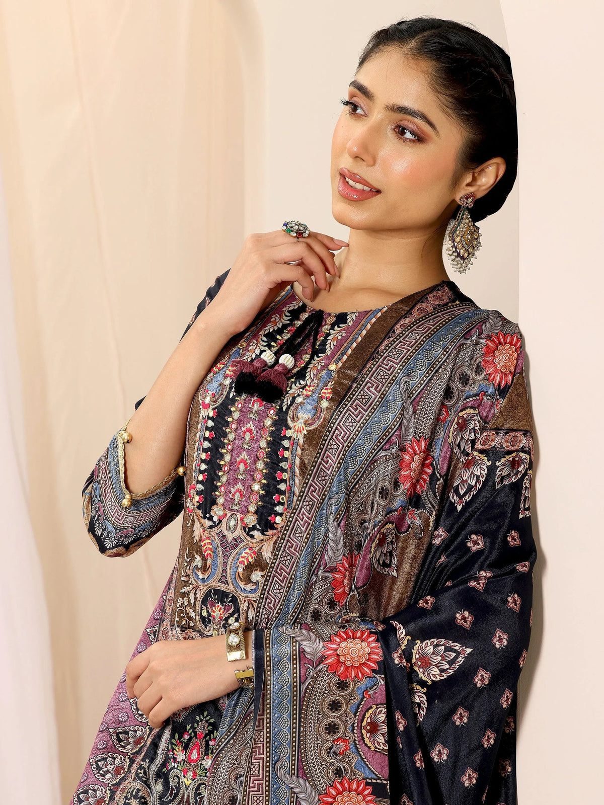 Anouk Multi Printed Chinon Straight Suit Set With Dupatta
