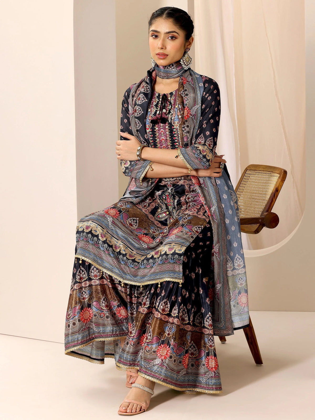 Anouk Multi Printed Chinon Straight Suit Set With Dupatta