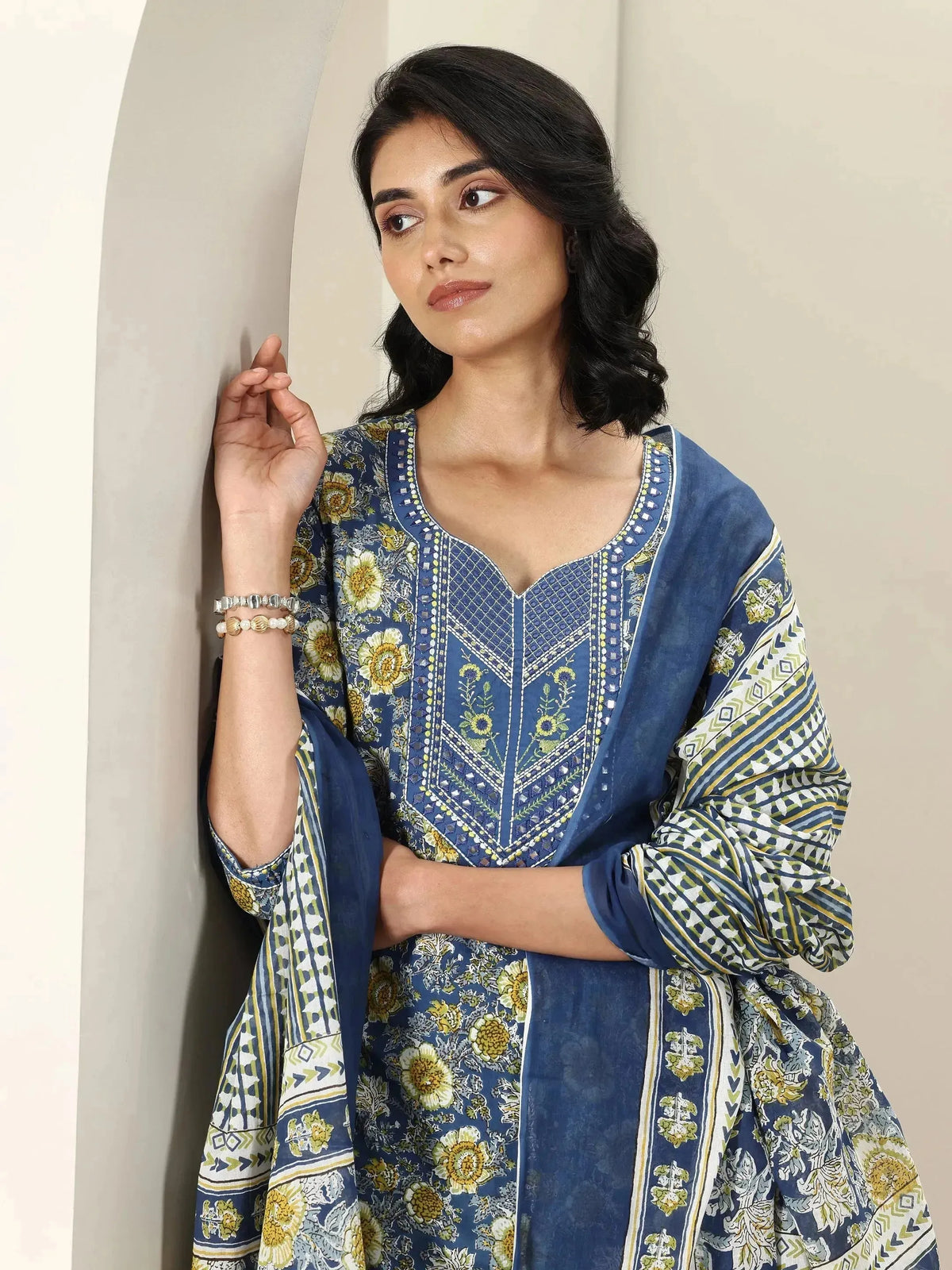 Anouk Blue Printed Cotton Straight Suit Sets With Dupatta