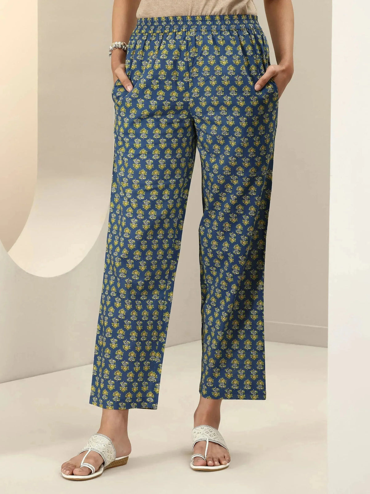 Anouk Blue Printed Cotton Straight Suit Sets With Dupatta