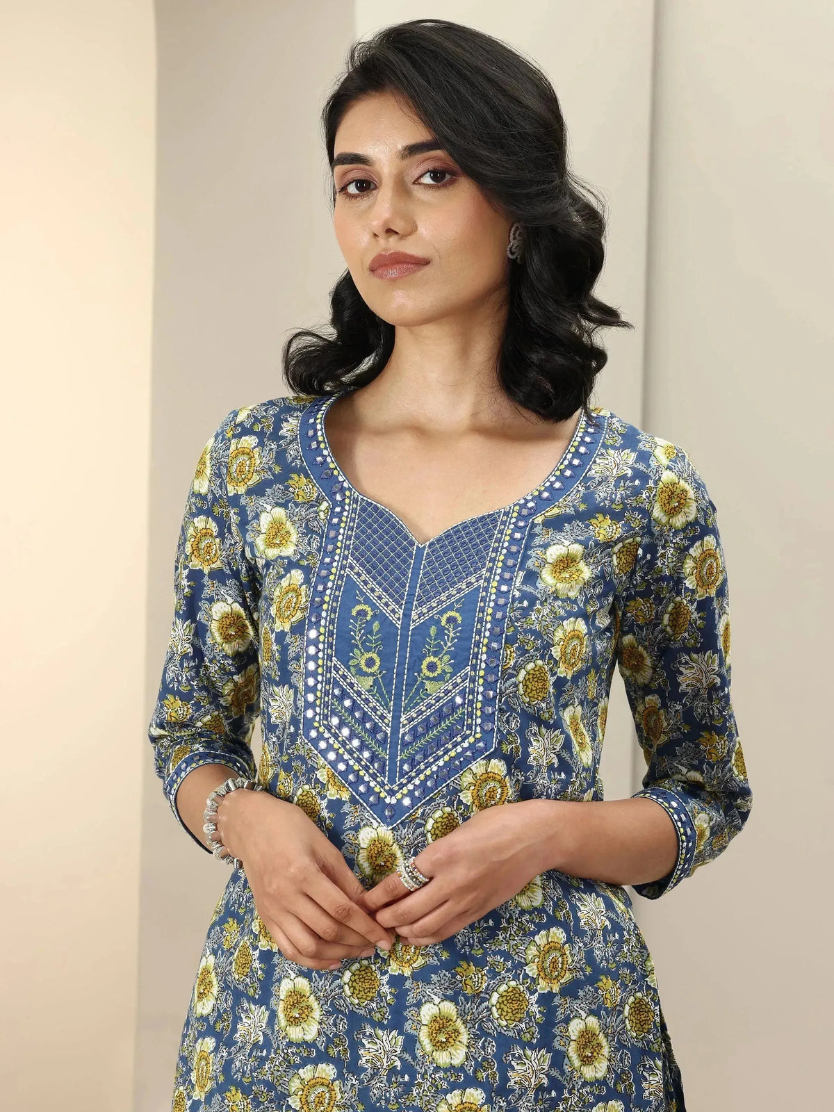 Anouk Blue Printed Cotton Straight Suit Sets With Dupatta
