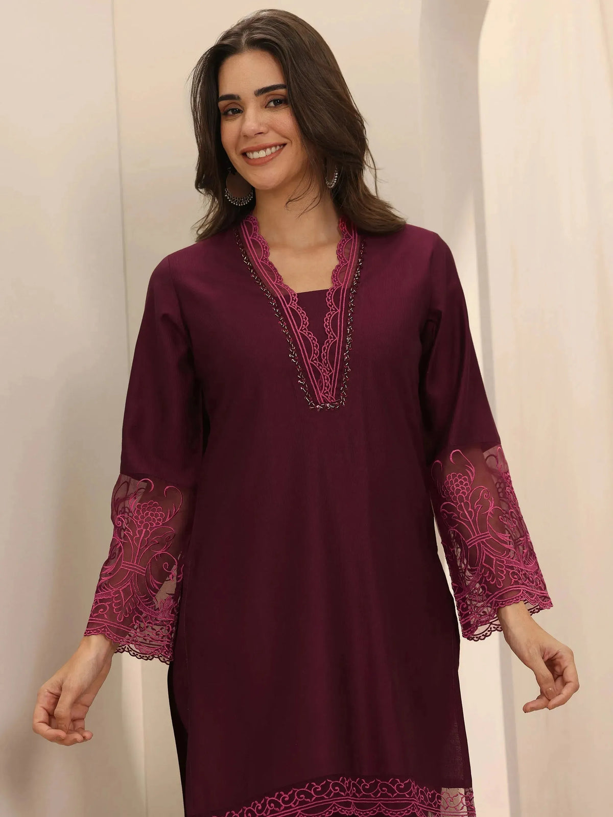 Anouk Burgundy Self Design Silk Blend Co-Ord Sets