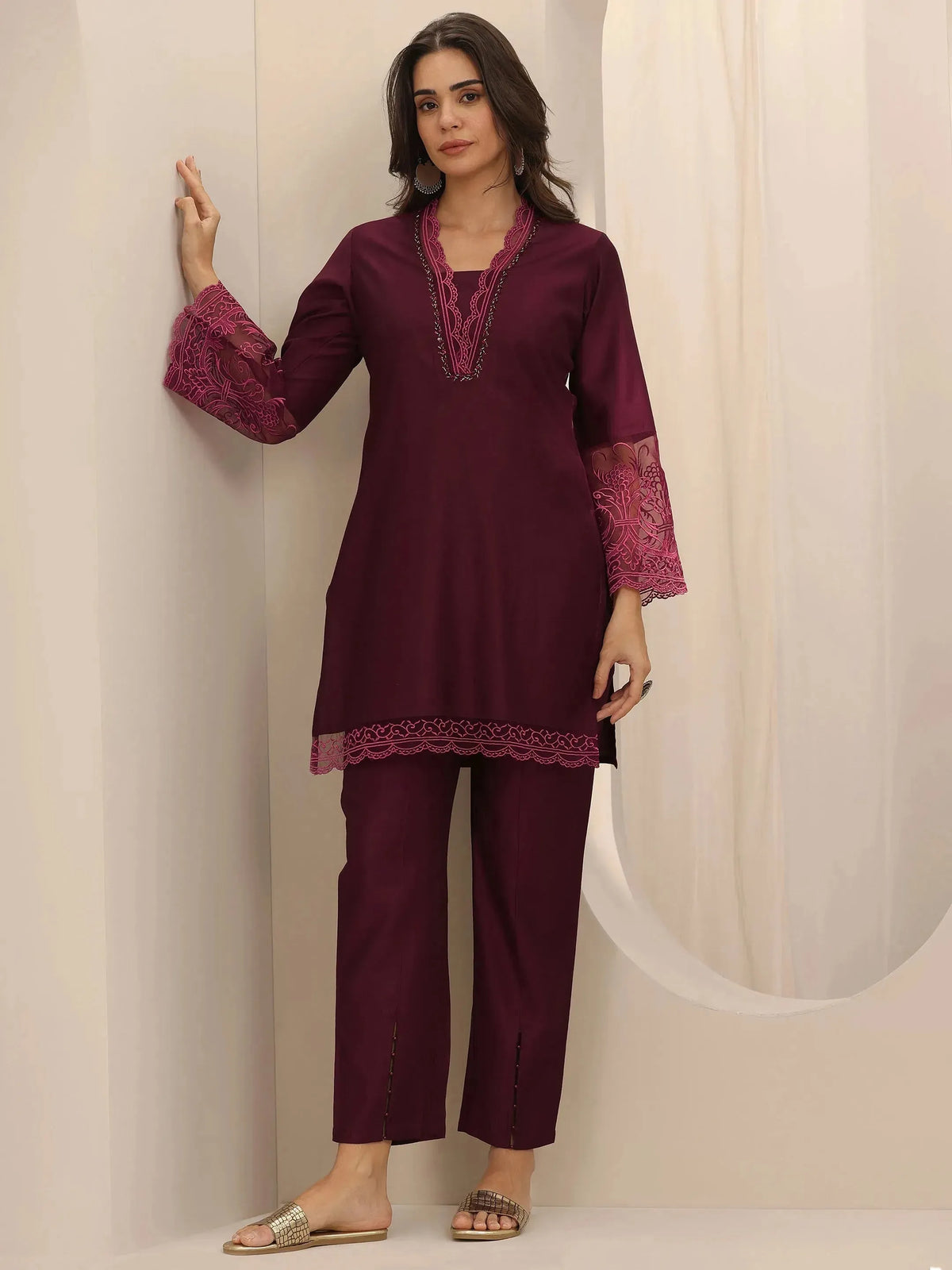 Anouk Burgundy Self Design Silk Blend Co-Ord Sets