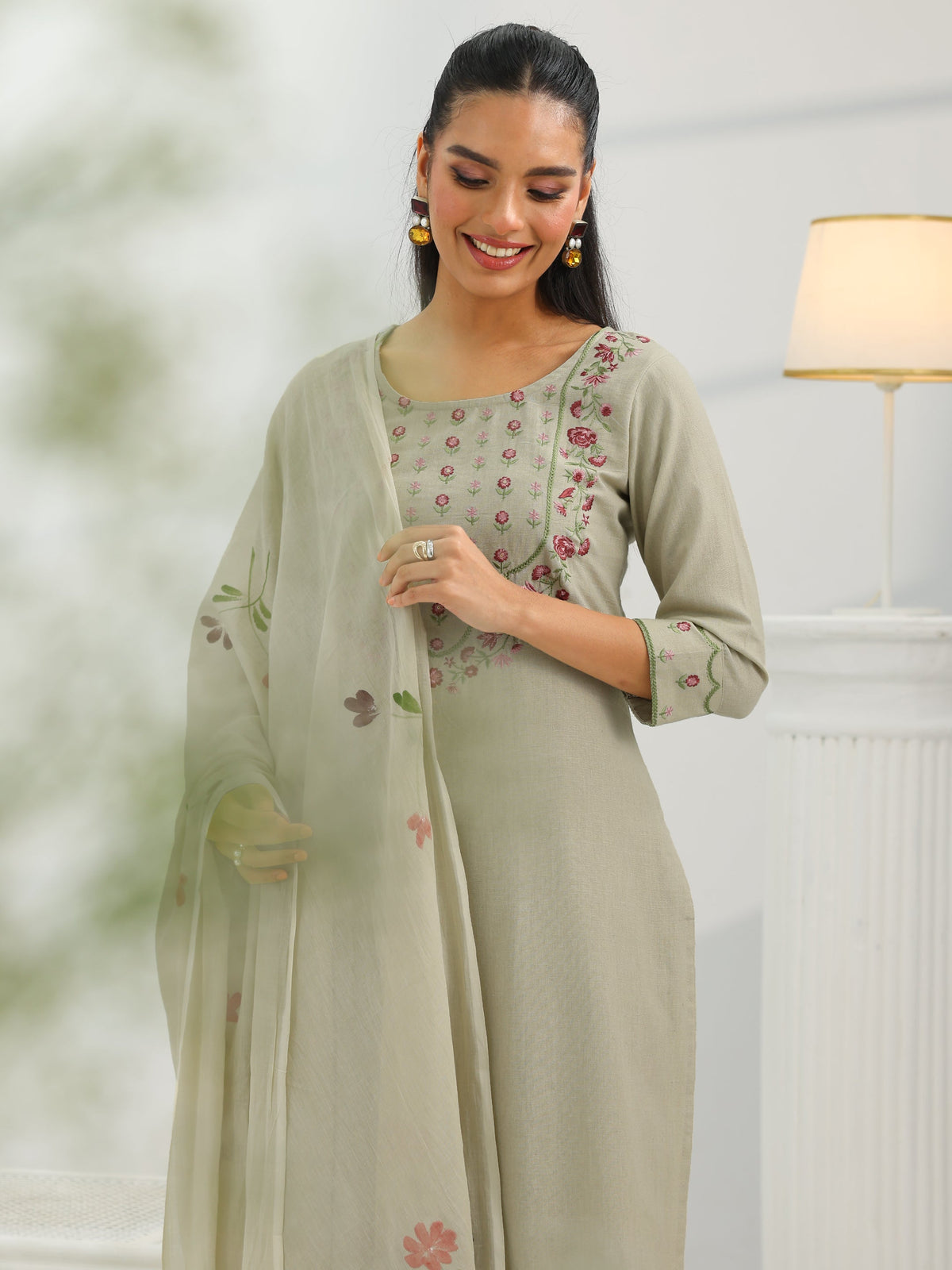 Anouk Beige Yoke Design Cotton Straight Suit Set With Dupatta
