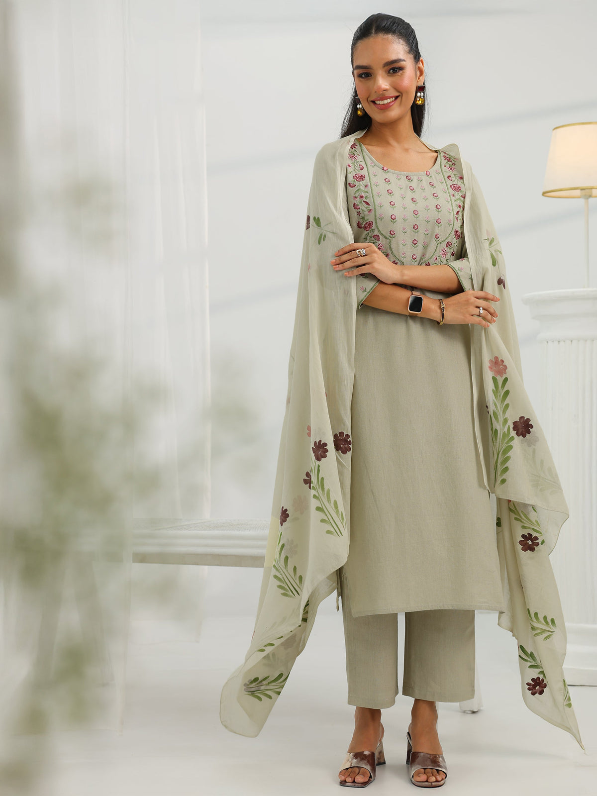 Anouk Beige Yoke Design Cotton Straight Suit Set With Dupatta