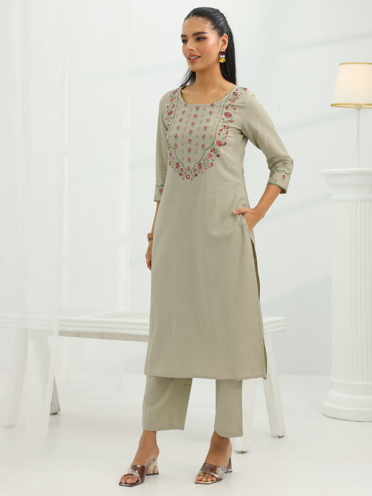 Anouk Beige Yoke Design Cotton Straight Suit Set With Dupatta