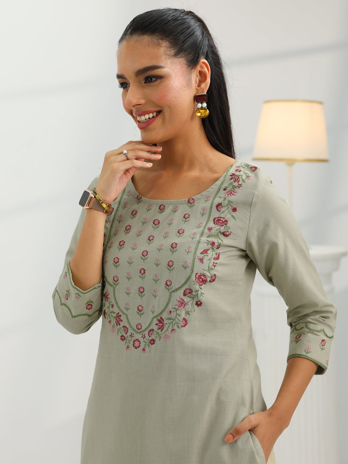 Anouk Beige Yoke Design Cotton Straight Suit Set With Dupatta