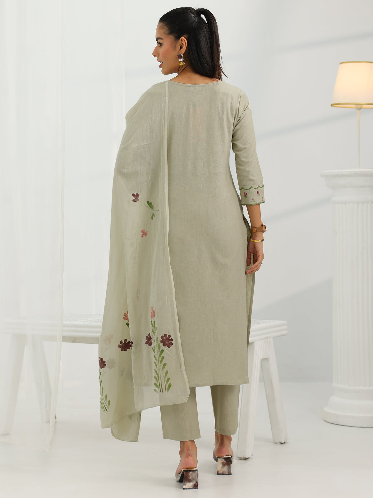 Anouk Beige Yoke Design Cotton Straight Suit Set With Dupatta