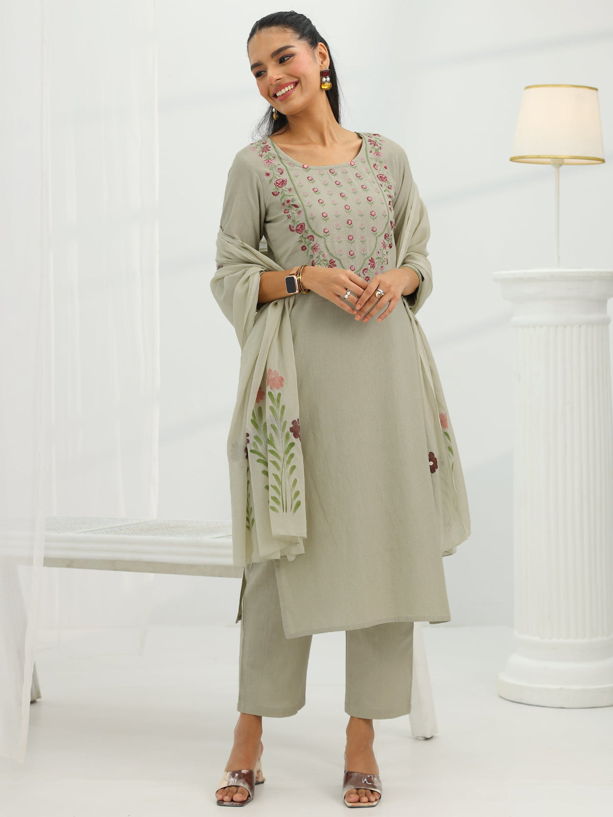 Anouk Beige Yoke Design Cotton Straight Suit Set With Dupatta