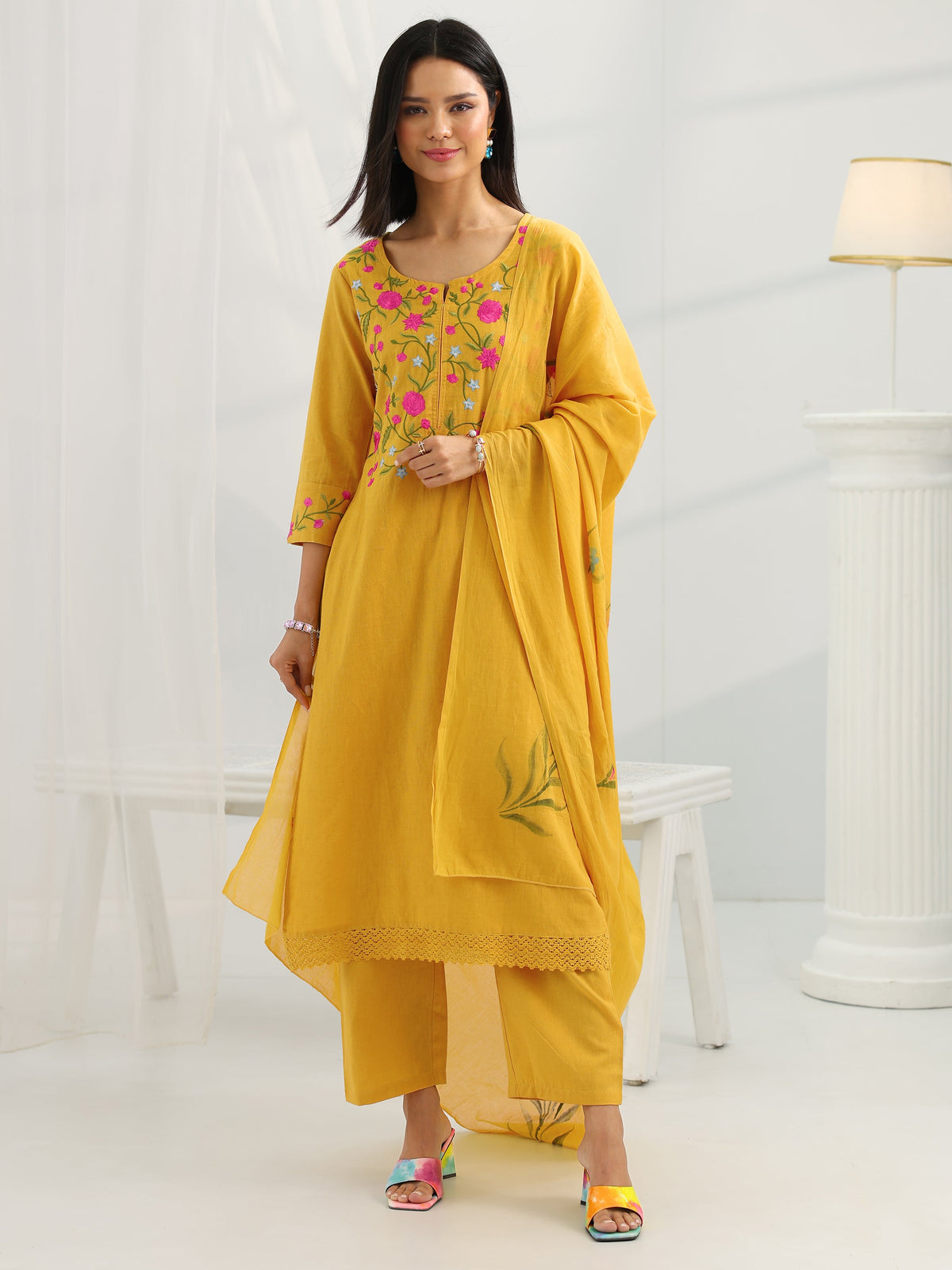 Anouk Mustard Yoke Design Cotton Straight Suit Set With Dupatta