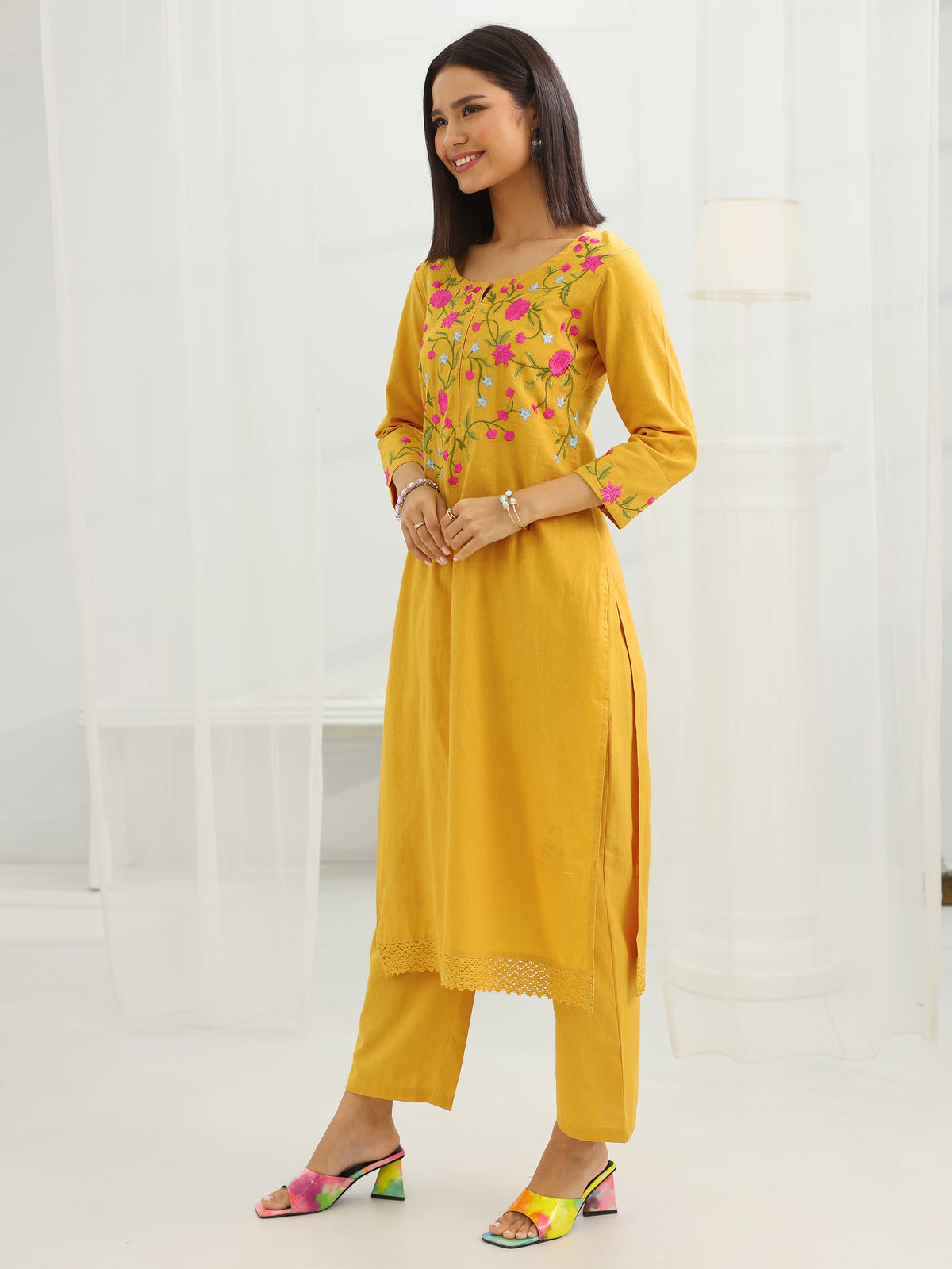 Anouk Mustard Yoke Design Cotton Straight Suit Set With Dupatta