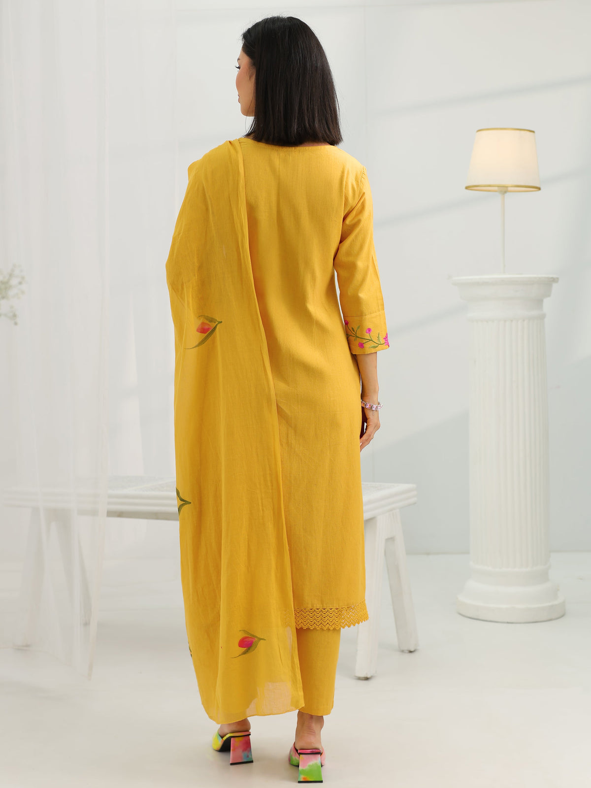 Anouk Mustard Yoke Design Cotton Straight Suit Set With Dupatta