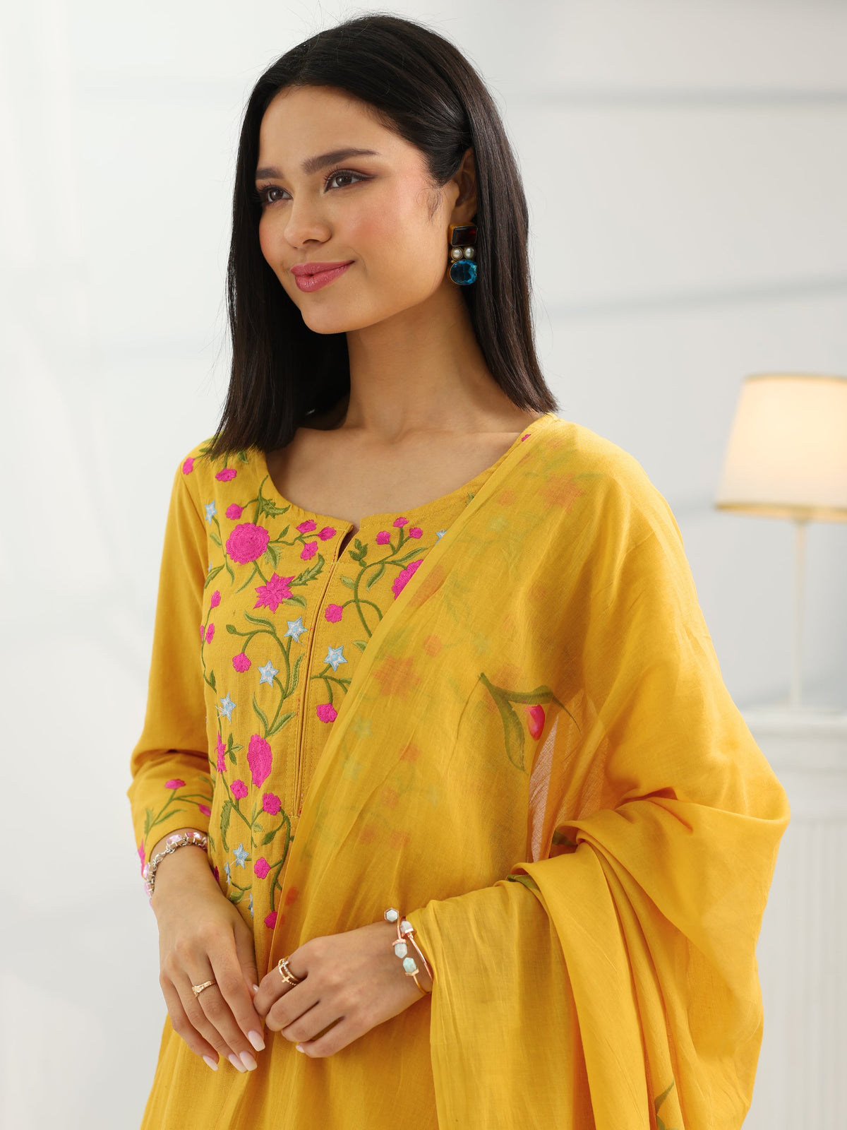 Anouk Mustard Yoke Design Cotton Straight Suit Set With Dupatta