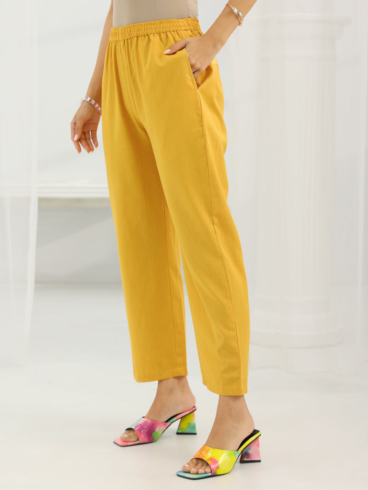 Anouk Mustard Yoke Design Cotton Straight Suit Set With Dupatta