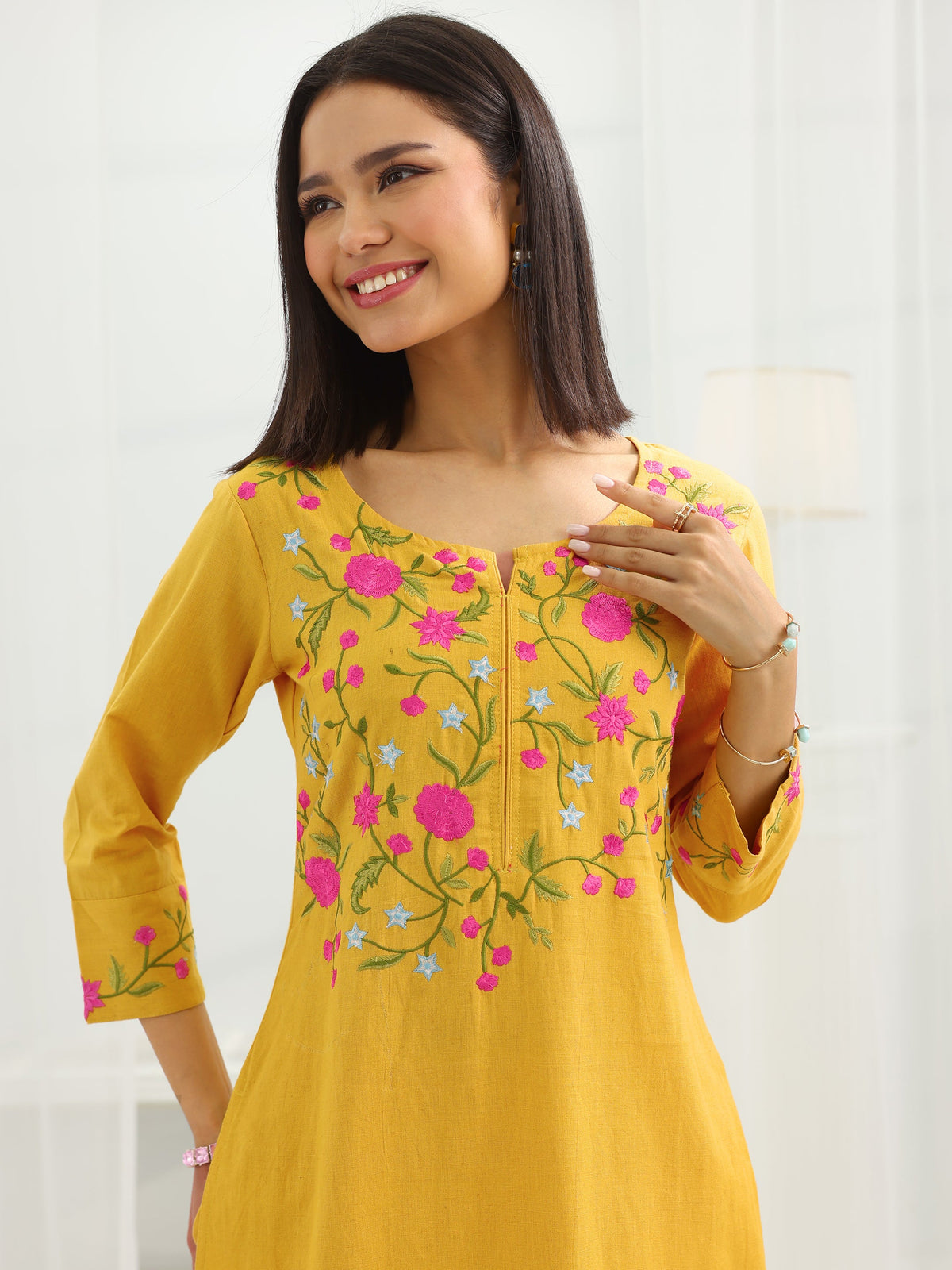 Anouk Mustard Yoke Design Cotton Straight Suit Set With Dupatta
