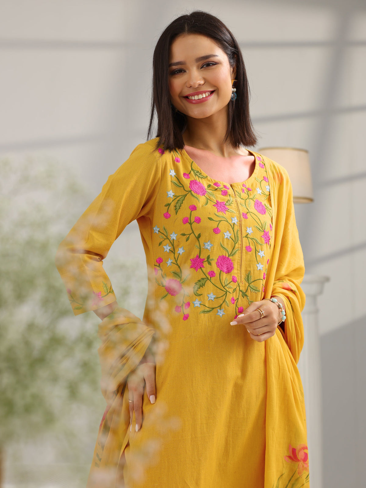 Anouk Mustard Yoke Design Cotton Straight Suit Set With Dupatta