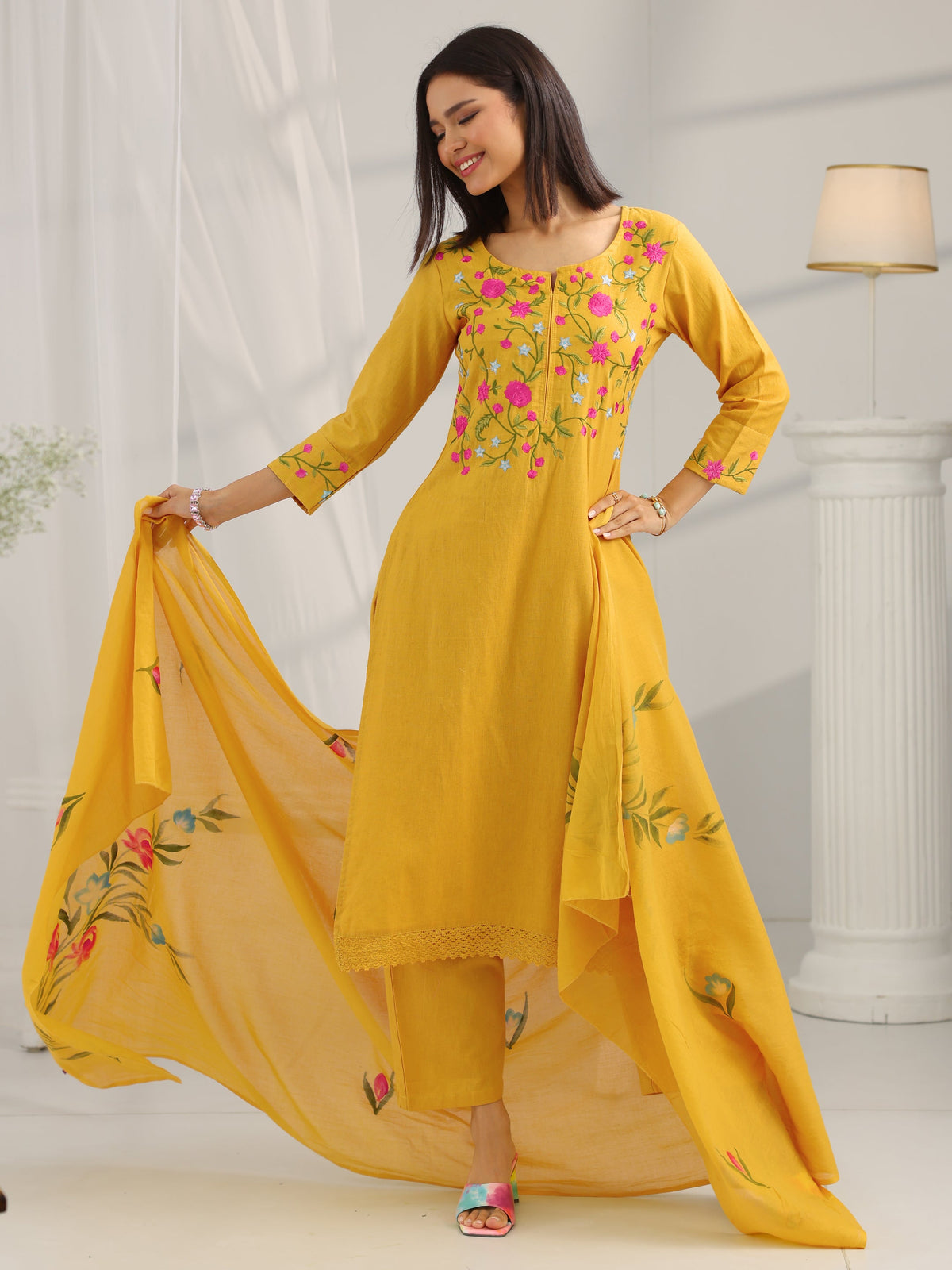 Anouk Mustard Yoke Design Cotton Straight Suit Set With Dupatta