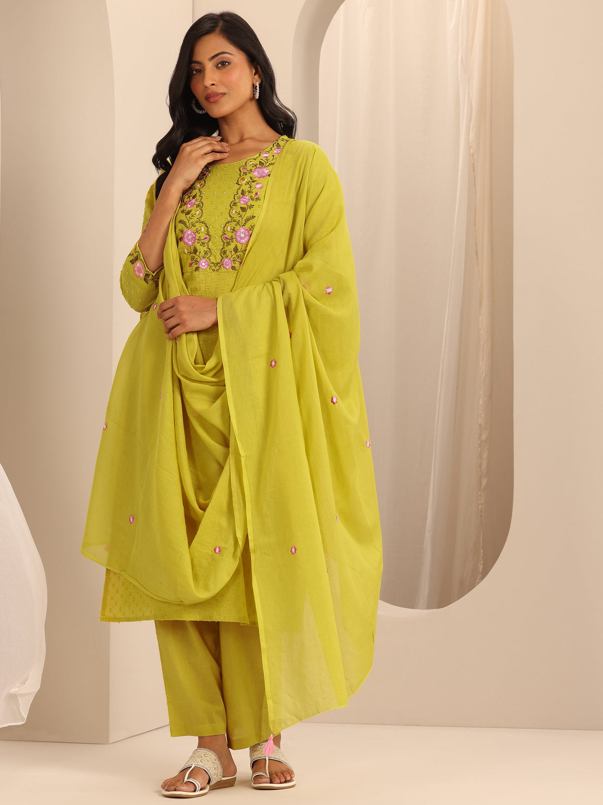 Anouk Yellow Yoke Design Cotton Straight Suit Set With Dupatta