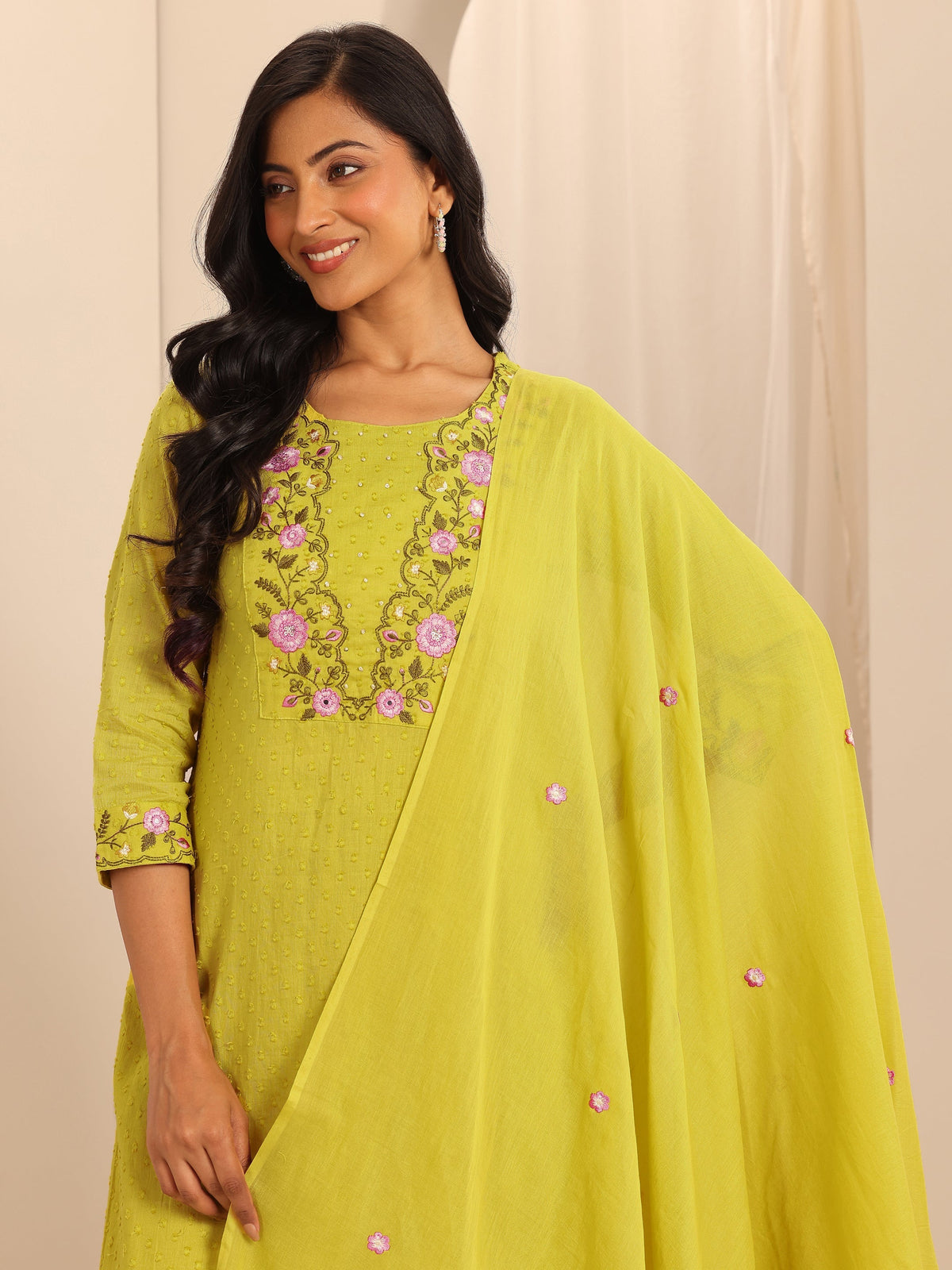 Anouk Yellow Yoke Design Cotton Straight Suit Set With Dupatta