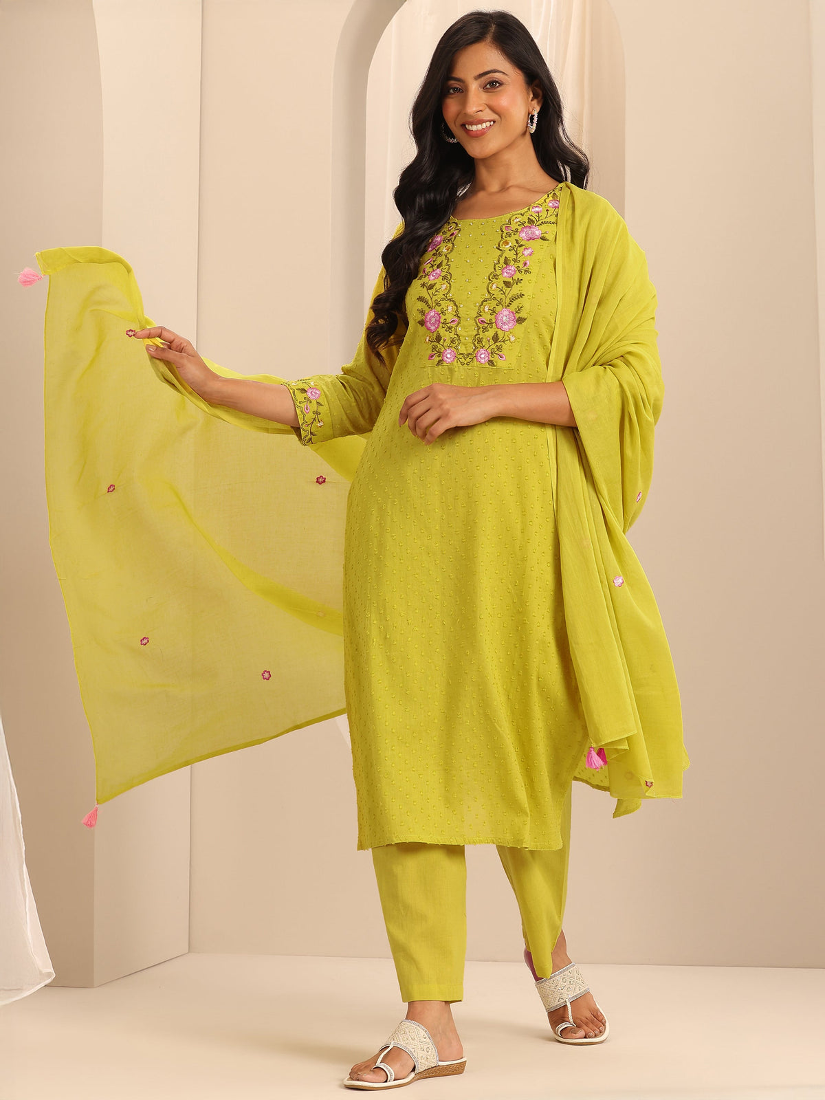 Anouk Yellow Yoke Design Cotton Straight Suit Set With Dupatta