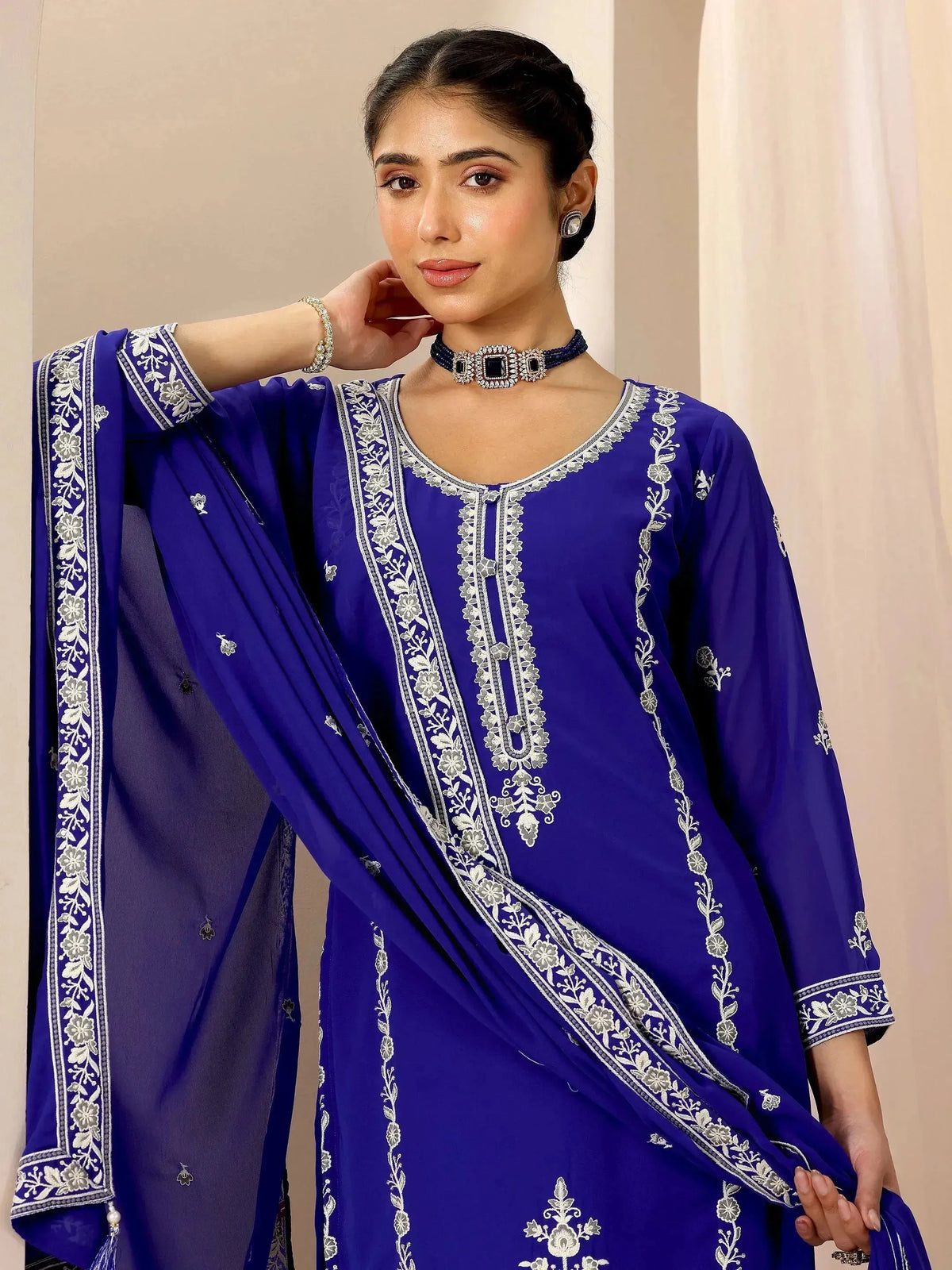 Anouk Blue Embroidered Georgette Straight Suit Set With Dupatta