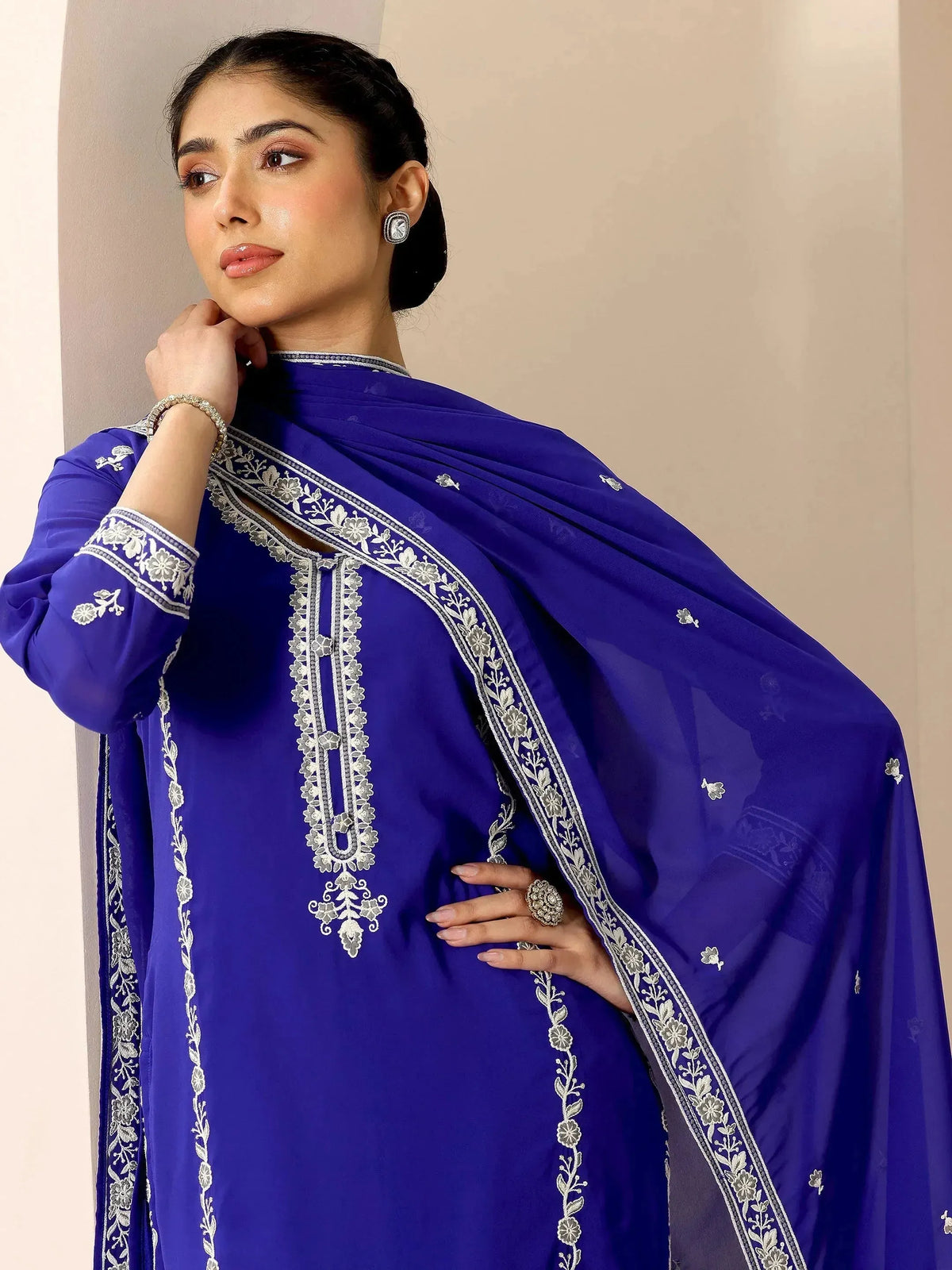 Anouk Blue Embroidered Georgette Straight Suit Set With Dupatta