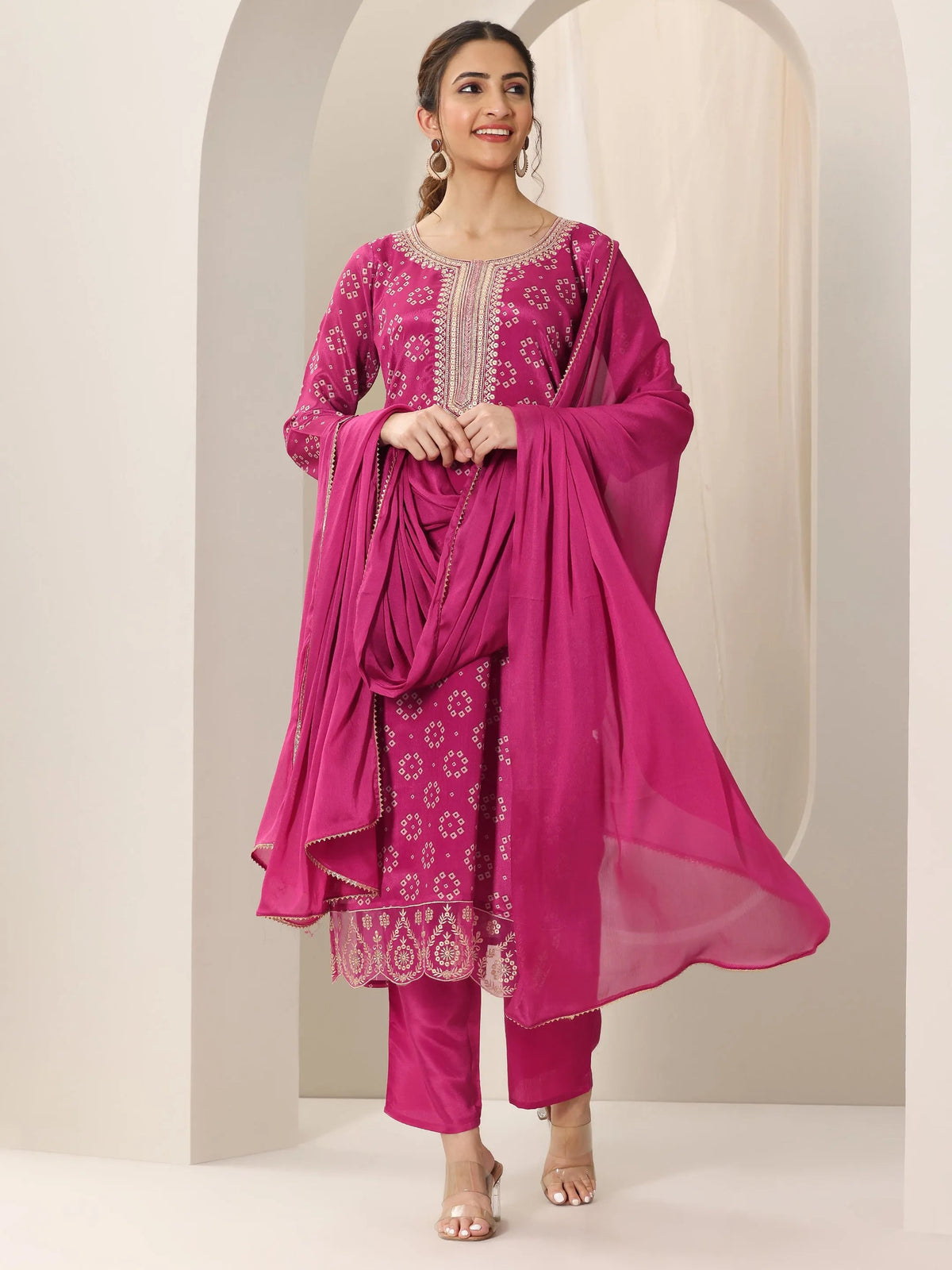 Anouk Pink Printed Silk Blend Straight Suit Set With Dupatta