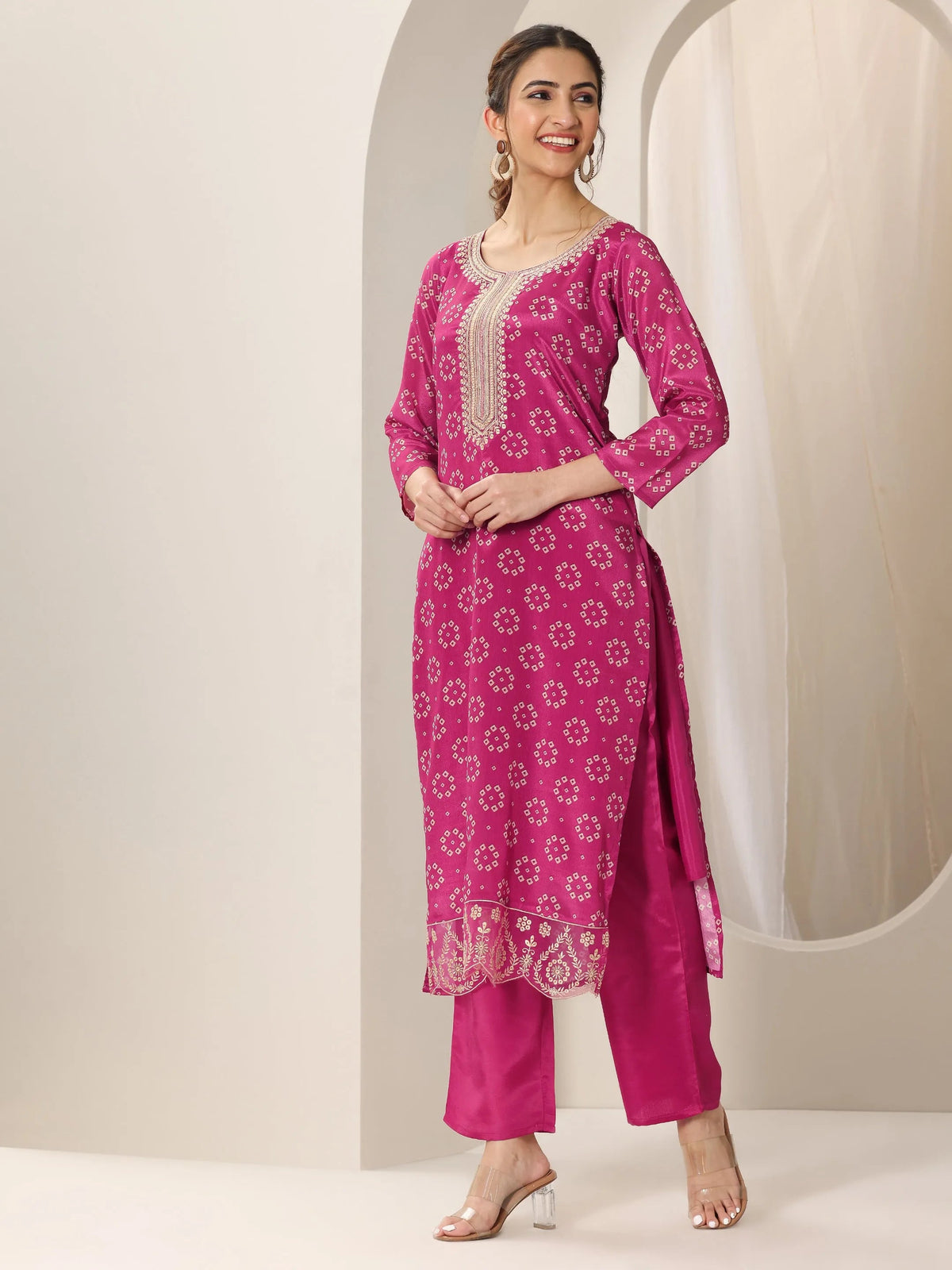 Anouk Pink Printed Silk Blend Straight Suit Set With Dupatta