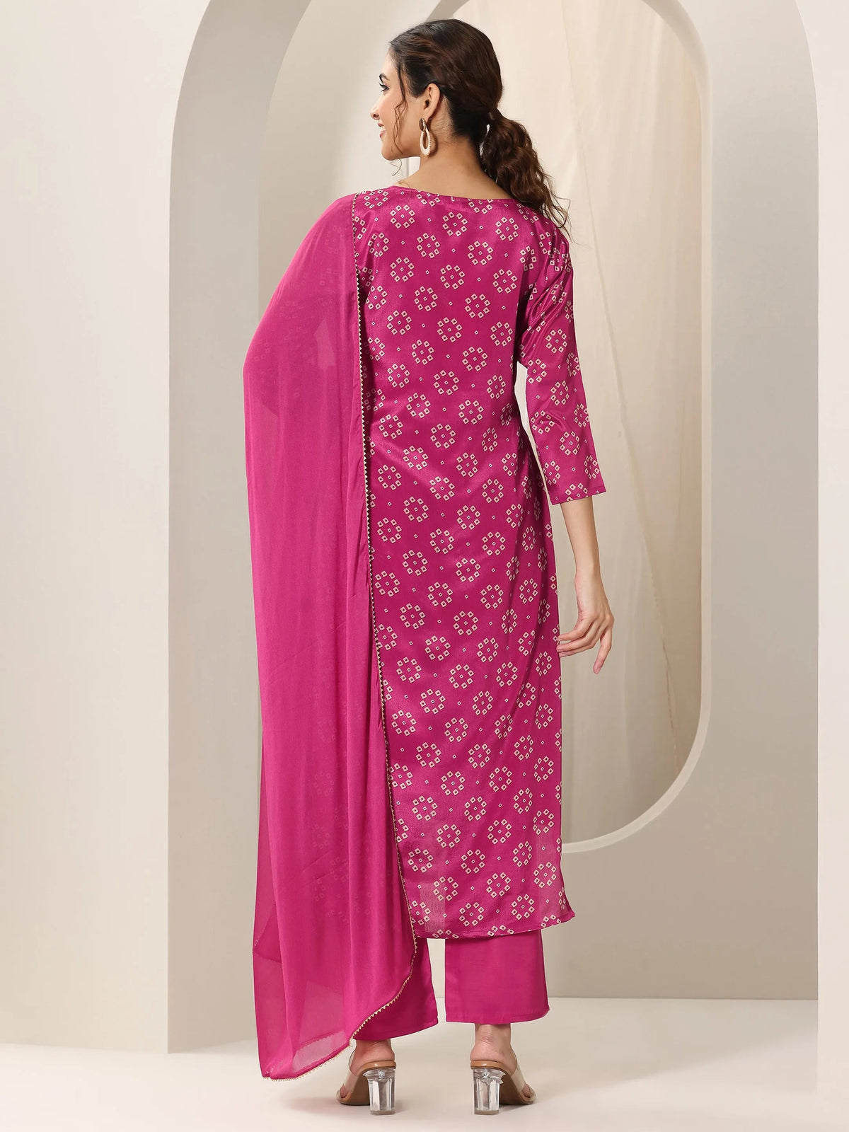 Anouk Pink Printed Silk Blend Straight Suit Set With Dupatta