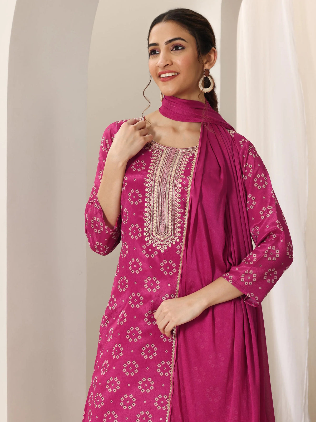 Anouk Pink Printed Silk Blend Straight Suit Set With Dupatta