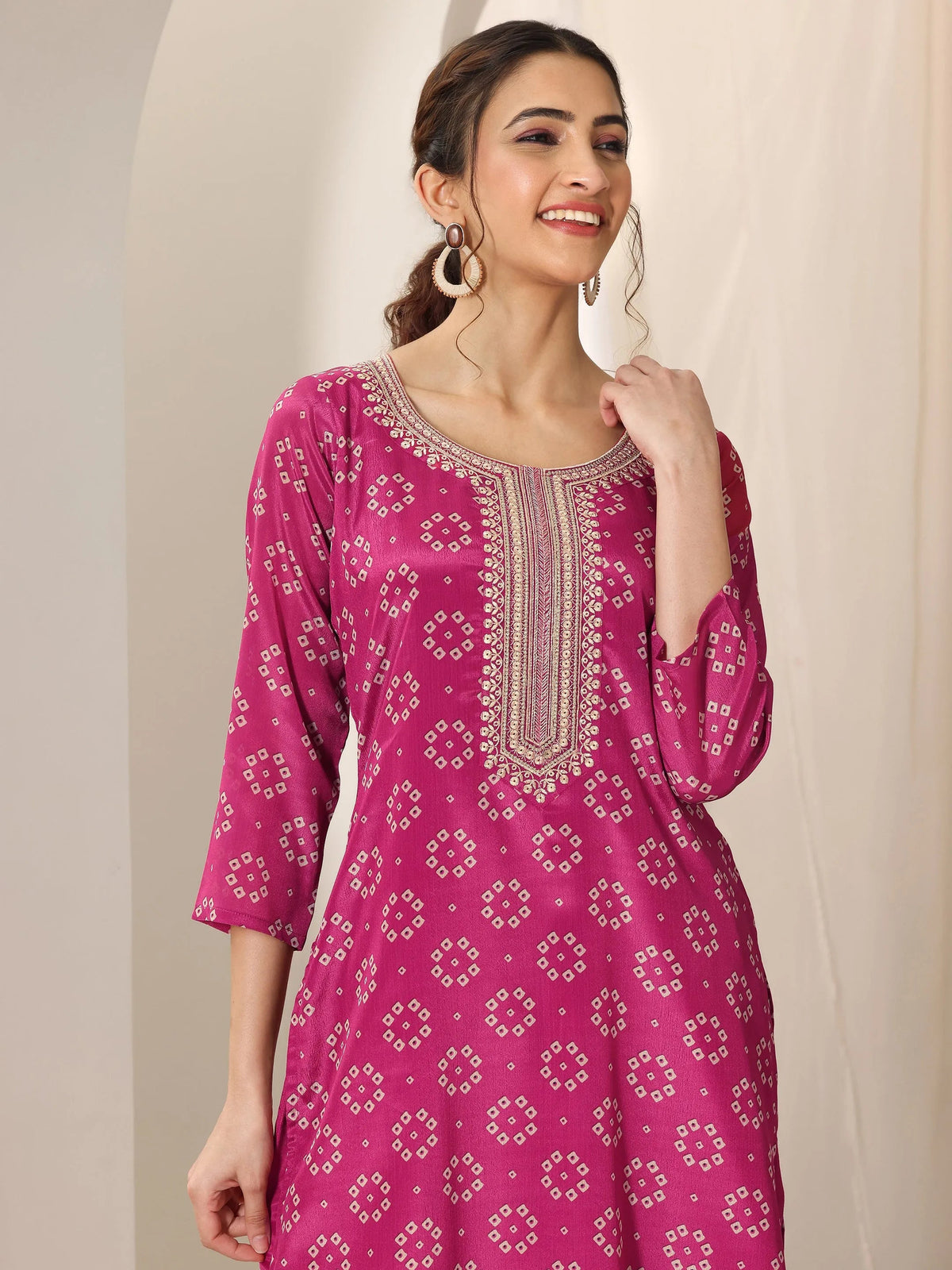 Anouk Pink Printed Silk Blend Straight Suit Set With Dupatta