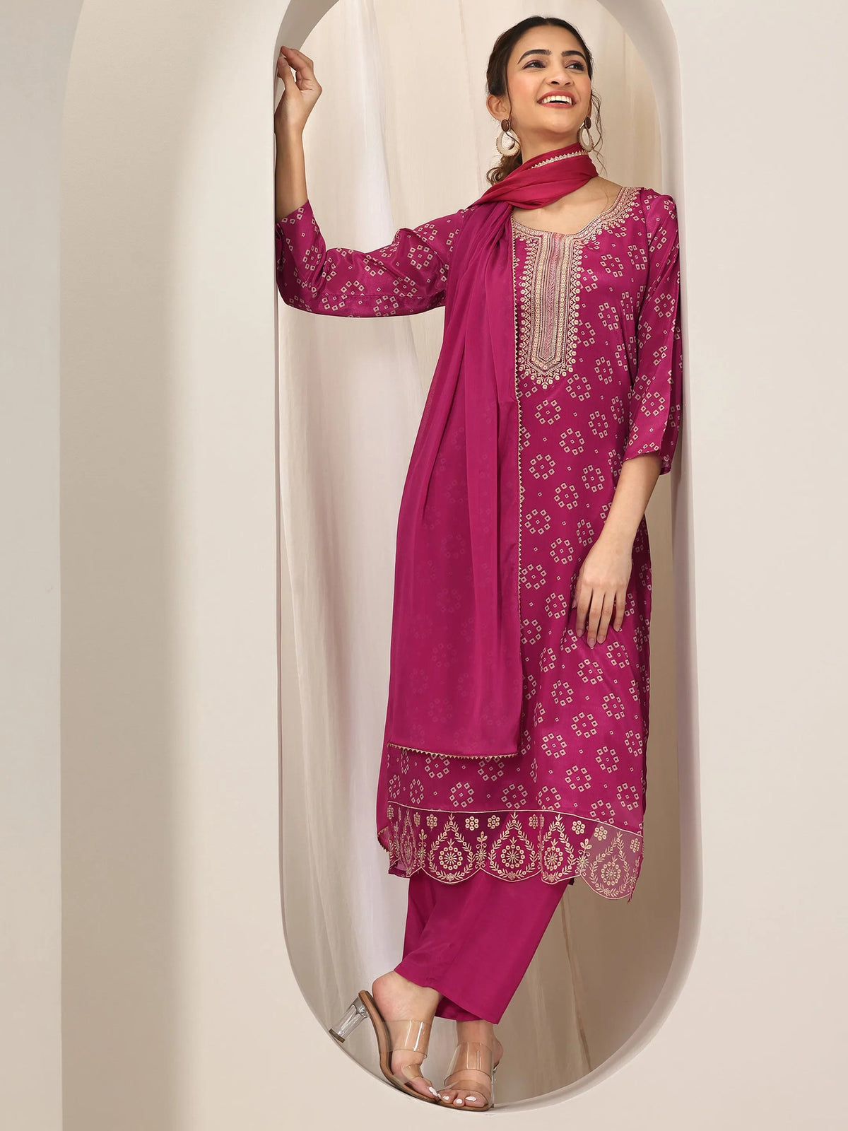 Anouk Pink Printed Silk Blend Straight Suit Set With Dupatta