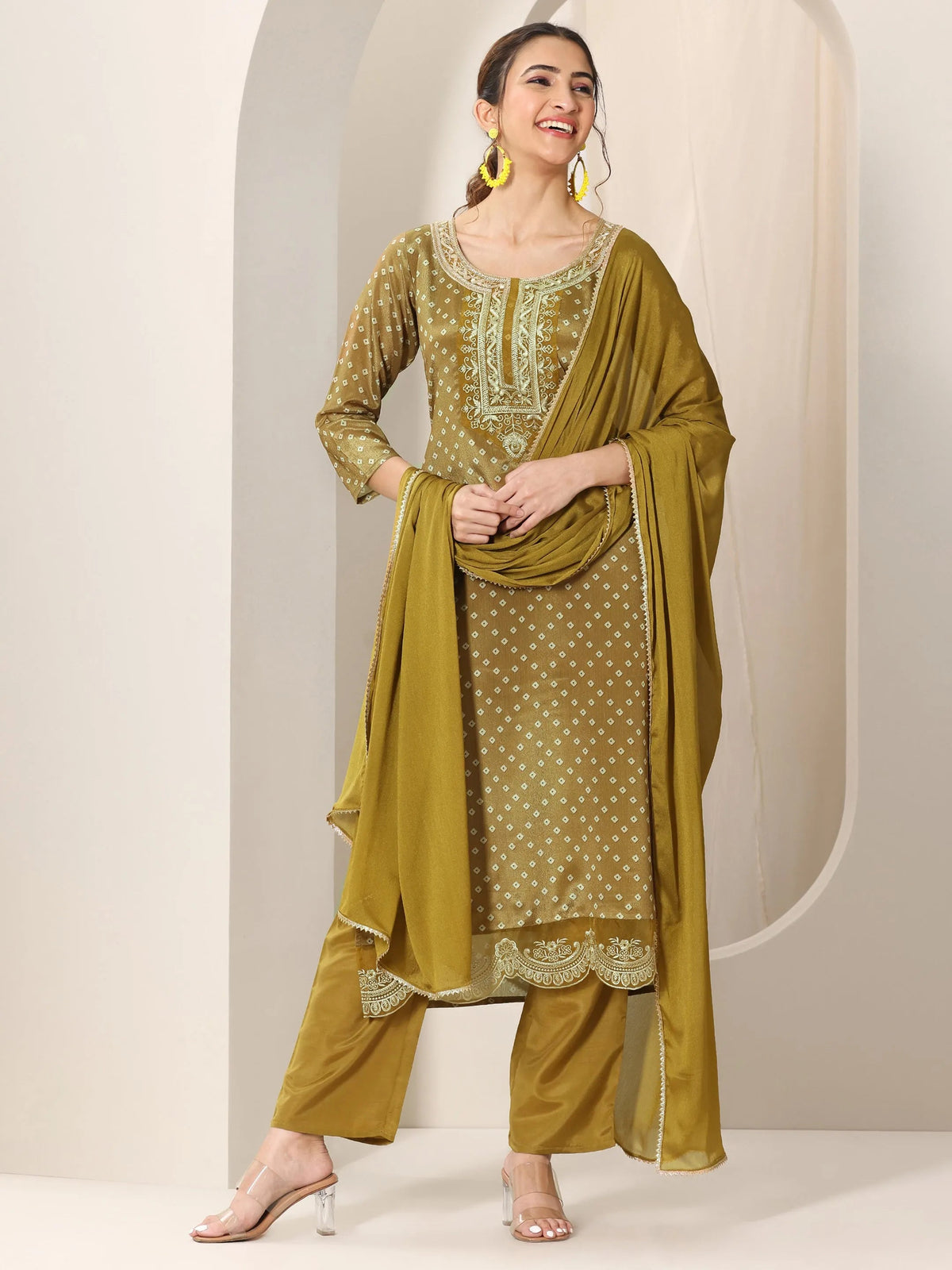 Anouk Olive Printed Silk Blend Straight Suit Set With Dupatta