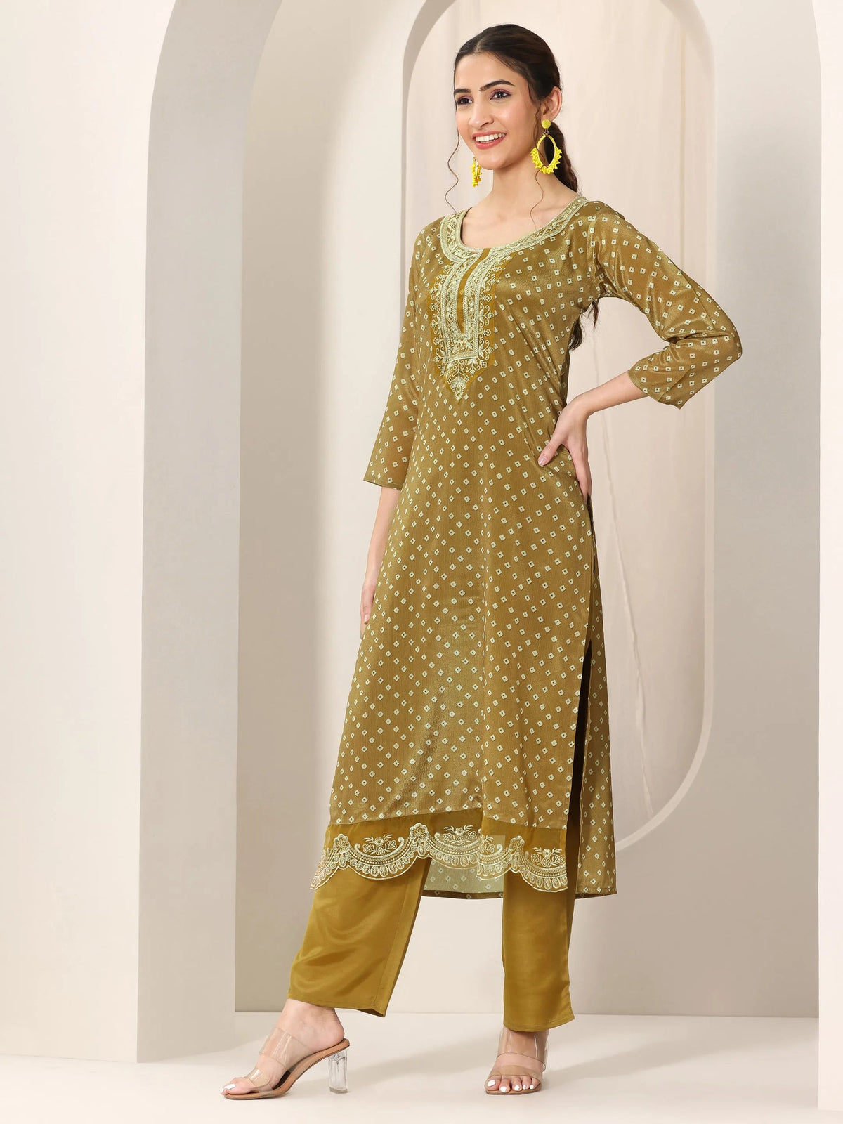 Anouk Olive Printed Silk Blend Straight Suit Set With Dupatta