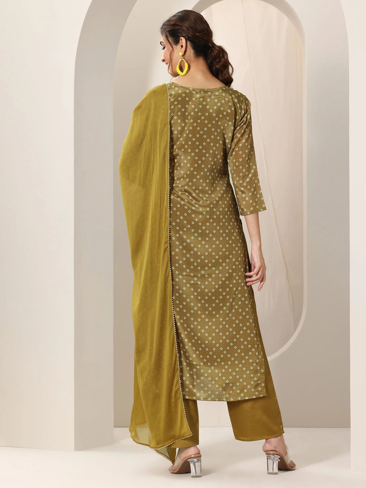 Anouk Olive Printed Silk Blend Straight Suit Set With Dupatta