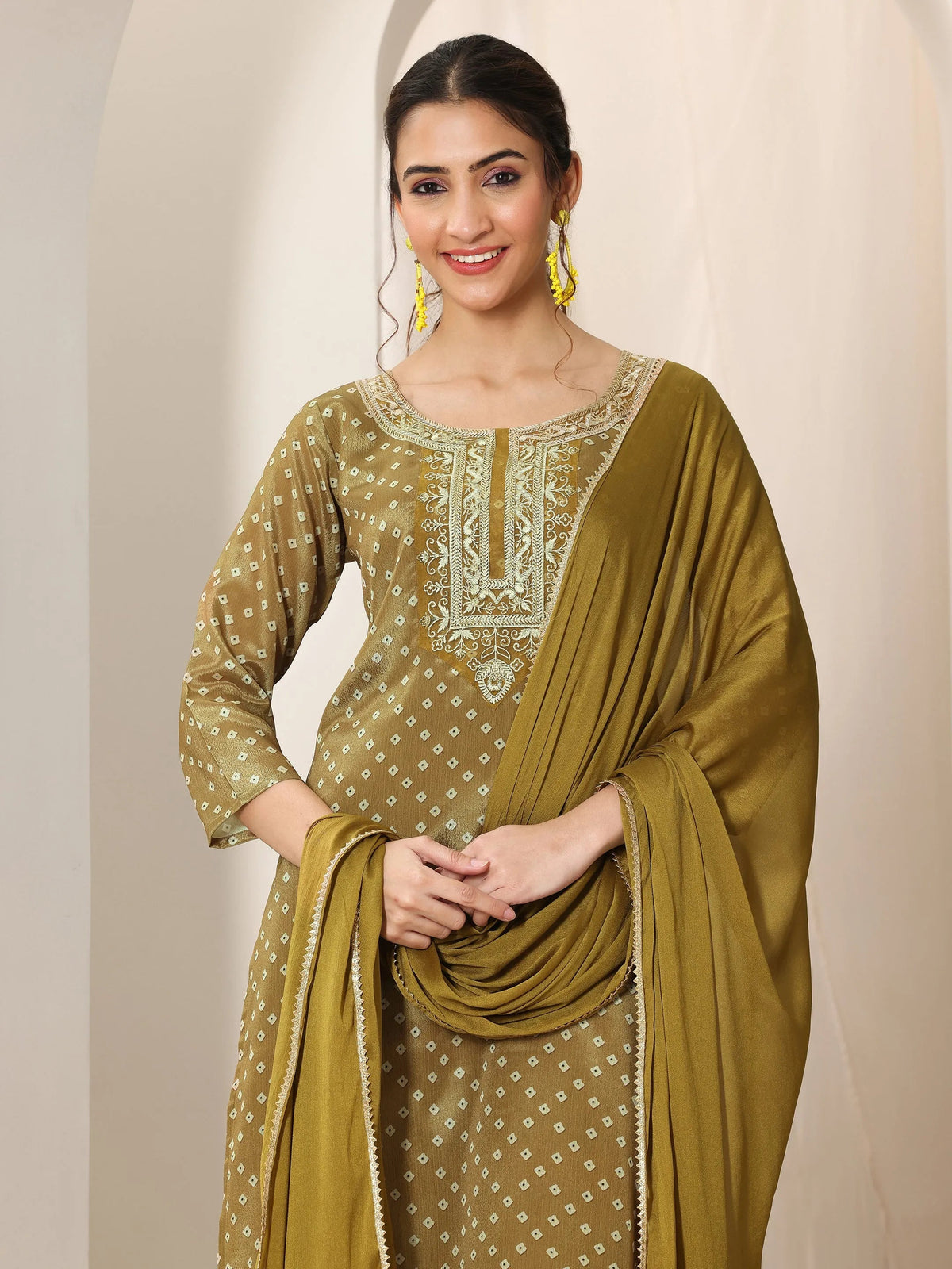 Anouk Olive Printed Silk Blend Straight Suit Set With Dupatta
