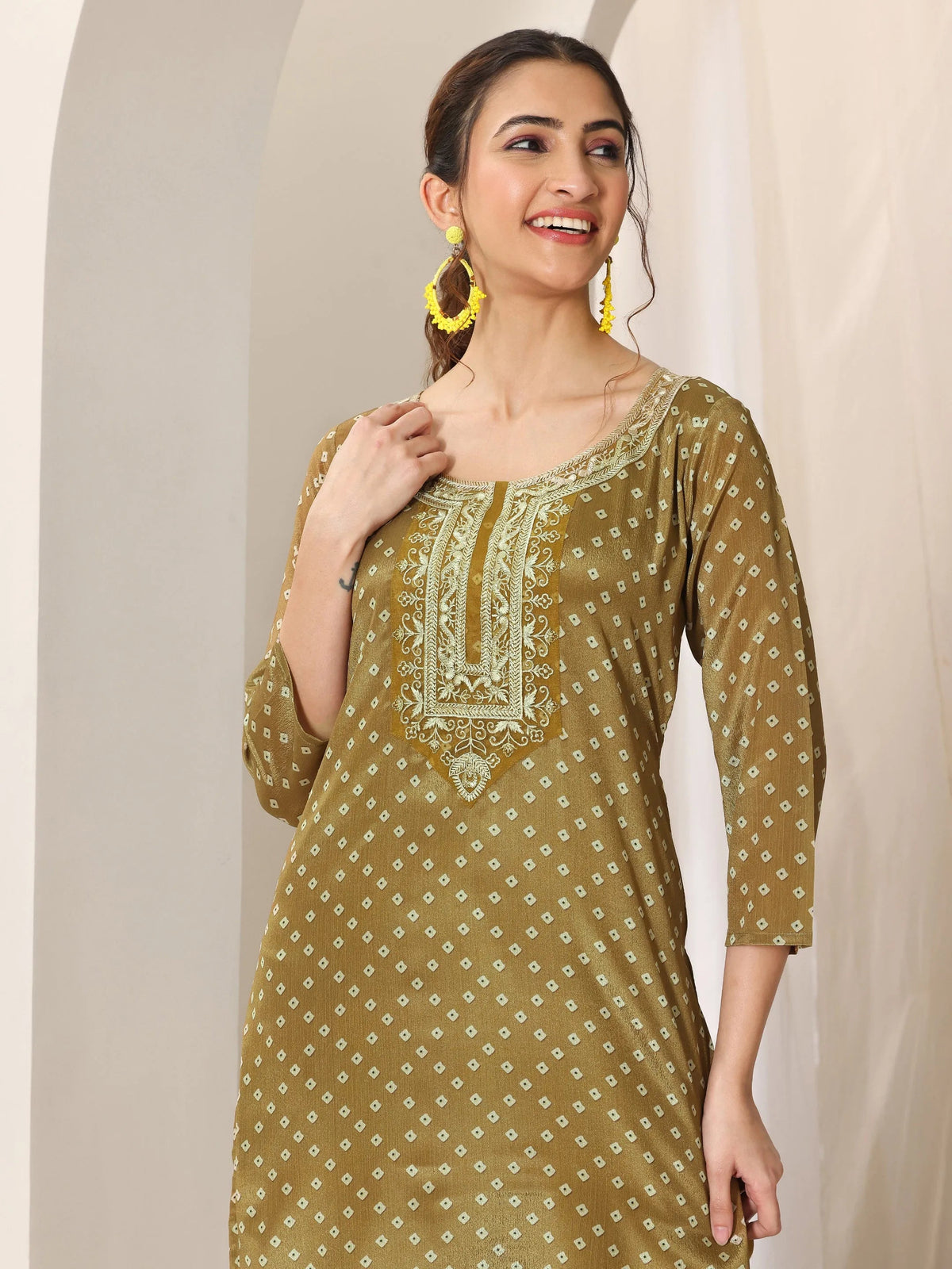 Anouk Olive Printed Silk Blend Straight Suit Set With Dupatta