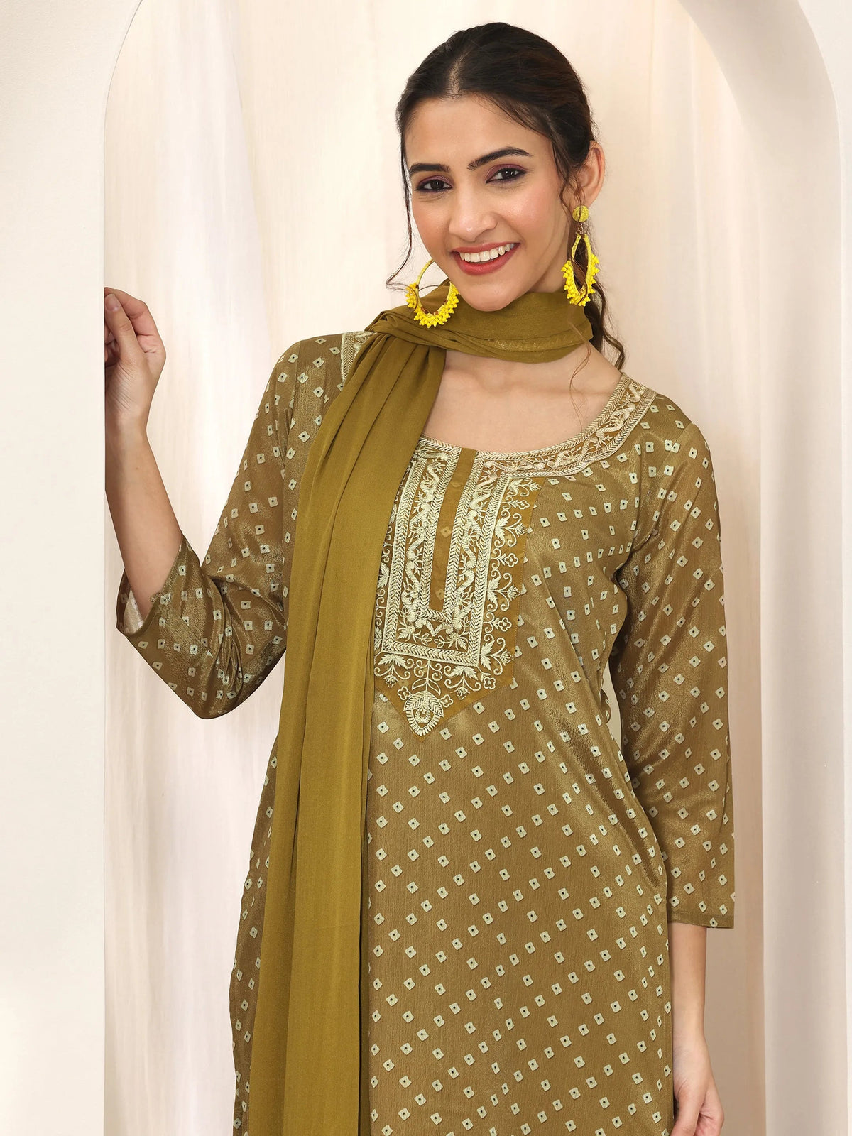 Anouk Olive Printed Silk Blend Straight Suit Set With Dupatta