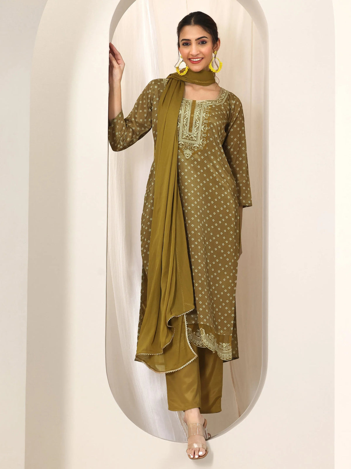 Anouk Olive Printed Silk Blend Straight Suit Set With Dupatta