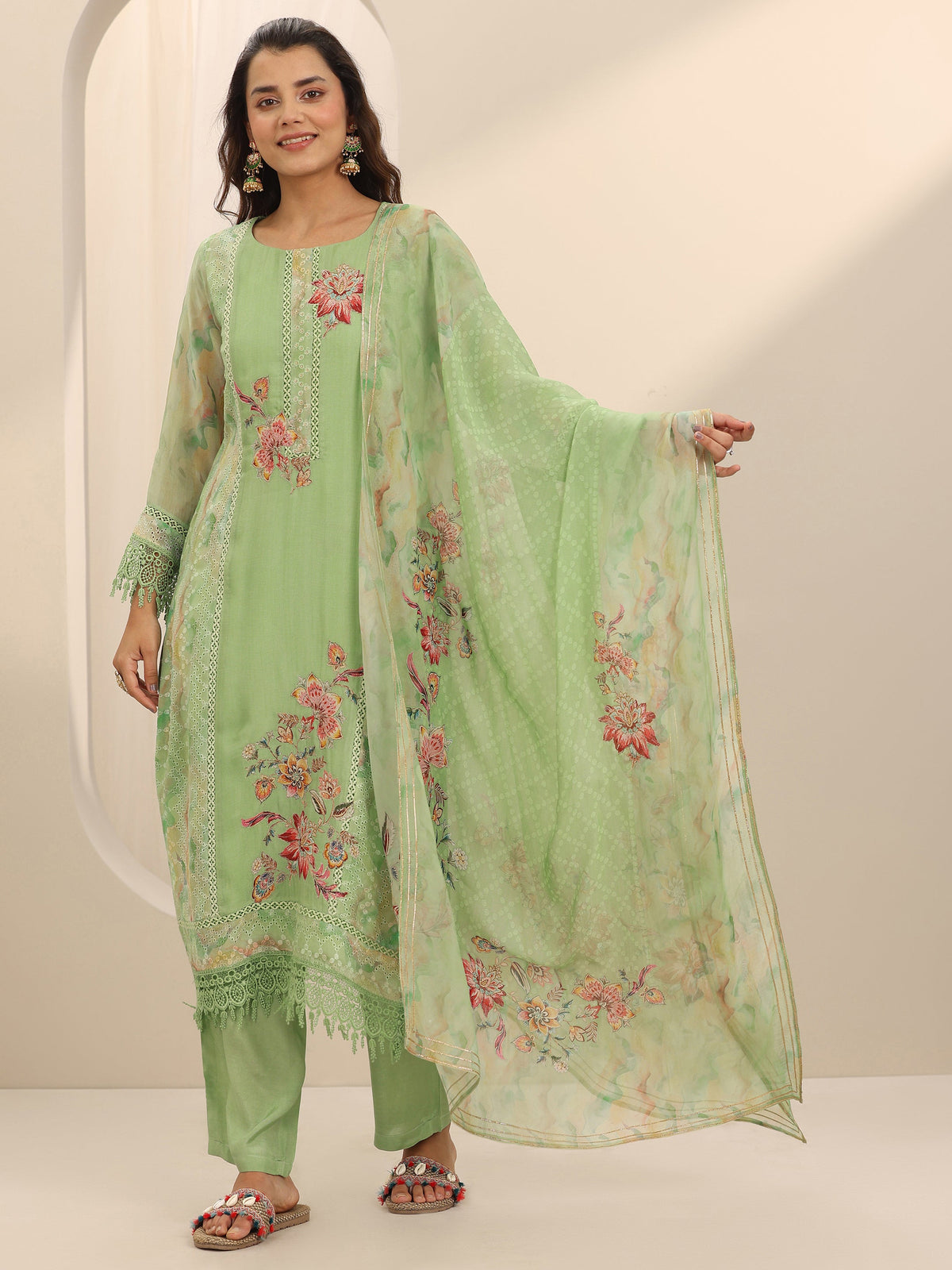 Anouk Green Printed Organza Straight Suit Set With Dupatta