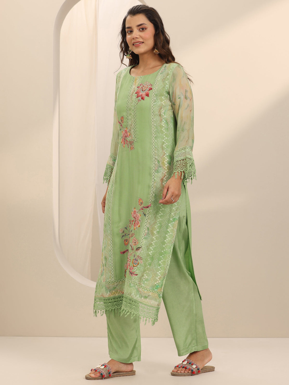 Anouk Green Printed Organza Straight Suit Set With Dupatta