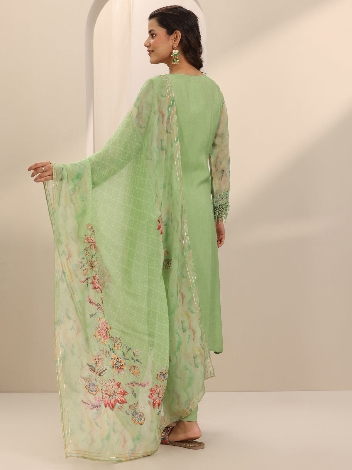 Anouk Green Printed Organza Straight Suit Set With Dupatta