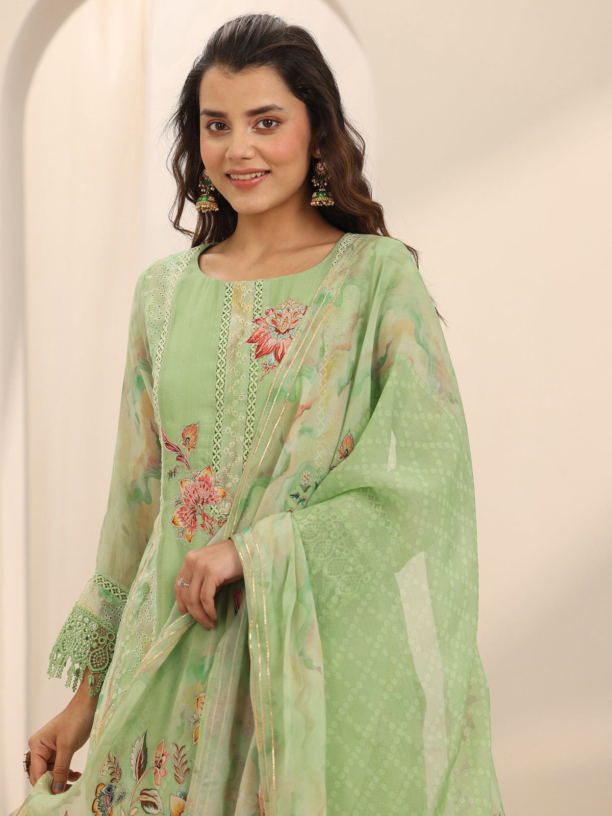 Anouk Green Printed Organza Straight Suit Set With Dupatta