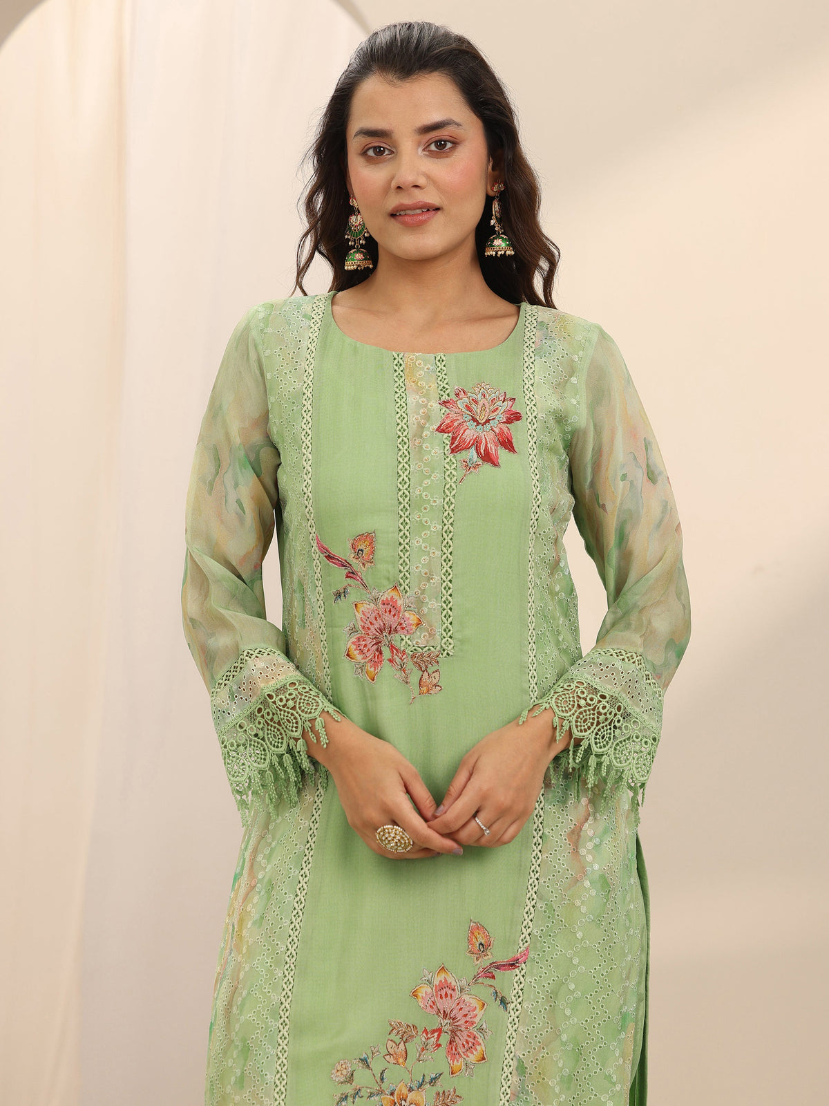 Anouk Green Printed Organza Straight Suit Set With Dupatta