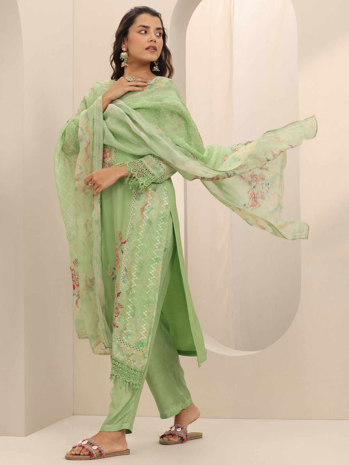 Anouk Green Printed Organza Straight Suit Set With Dupatta
